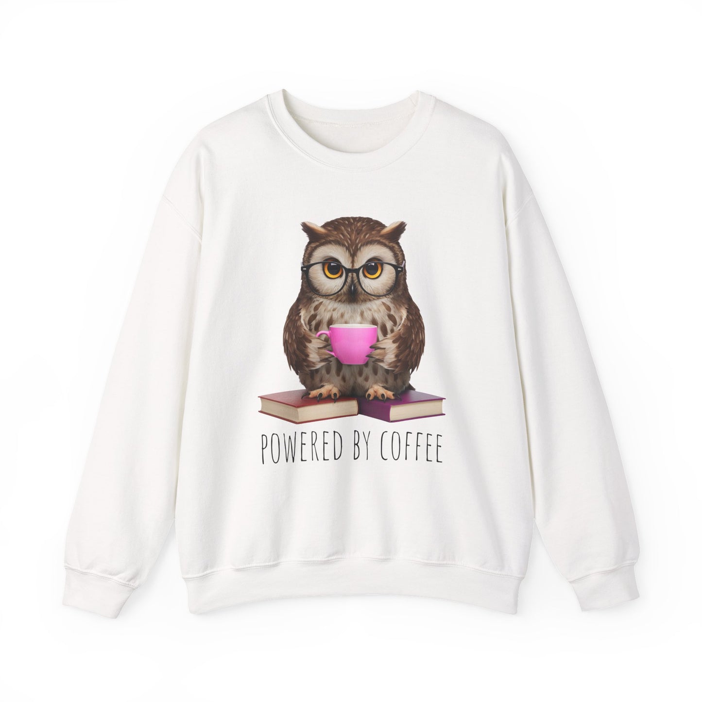 White sweatshirt with an owl holding a pink cup and 'Powered by Coffee' text on a white background
