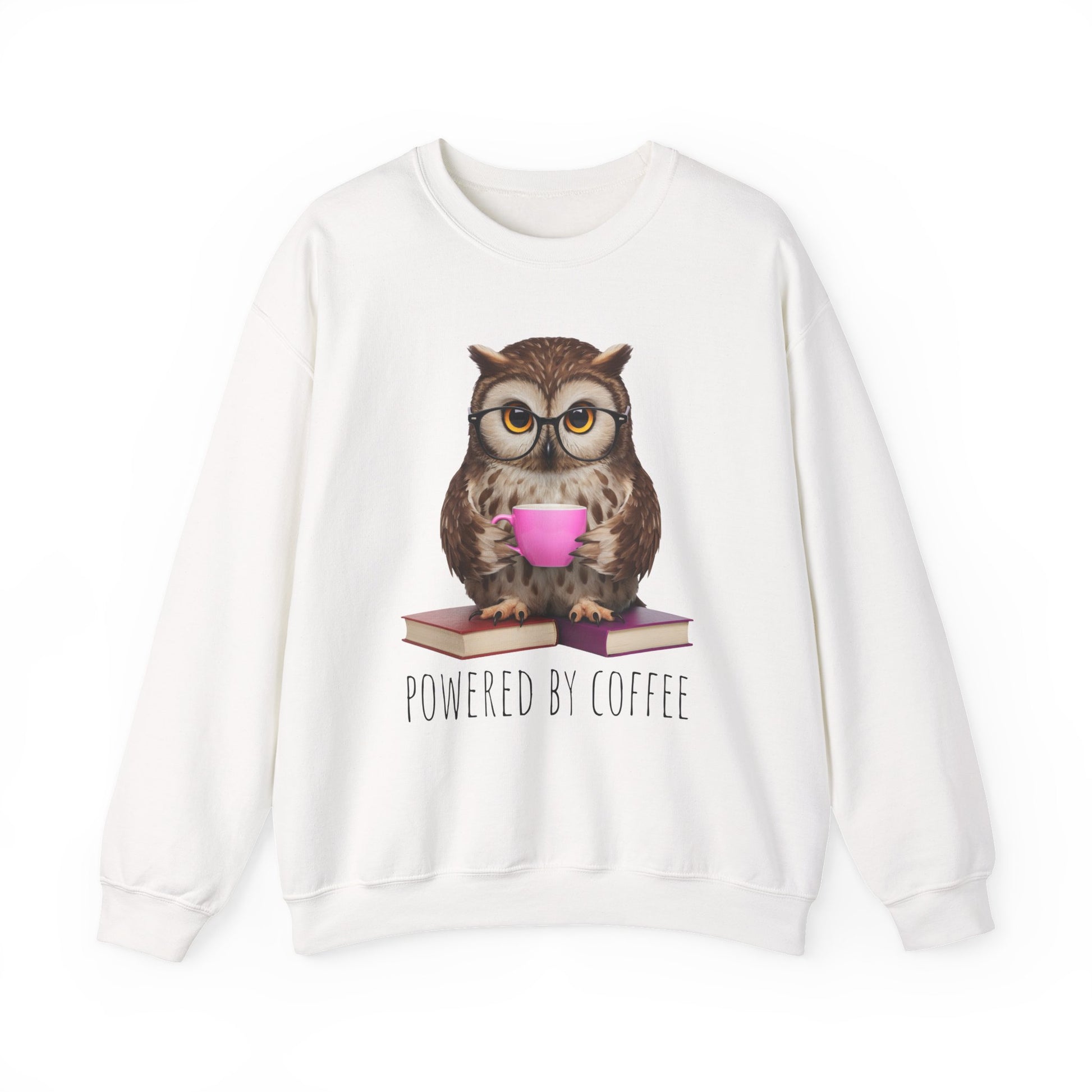 White sweatshirt with an owl holding a pink cup and 'Powered by Coffee' text on a white background