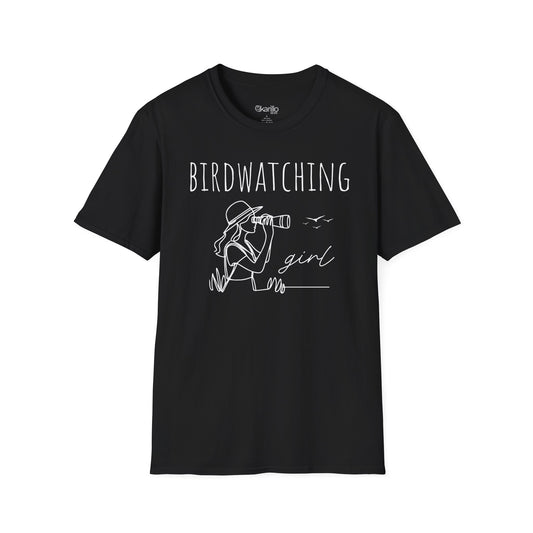 Front view of a "Birdwatching Girl" black T-shirt with an outlined graphic of a girl spotting a bird using binoculars