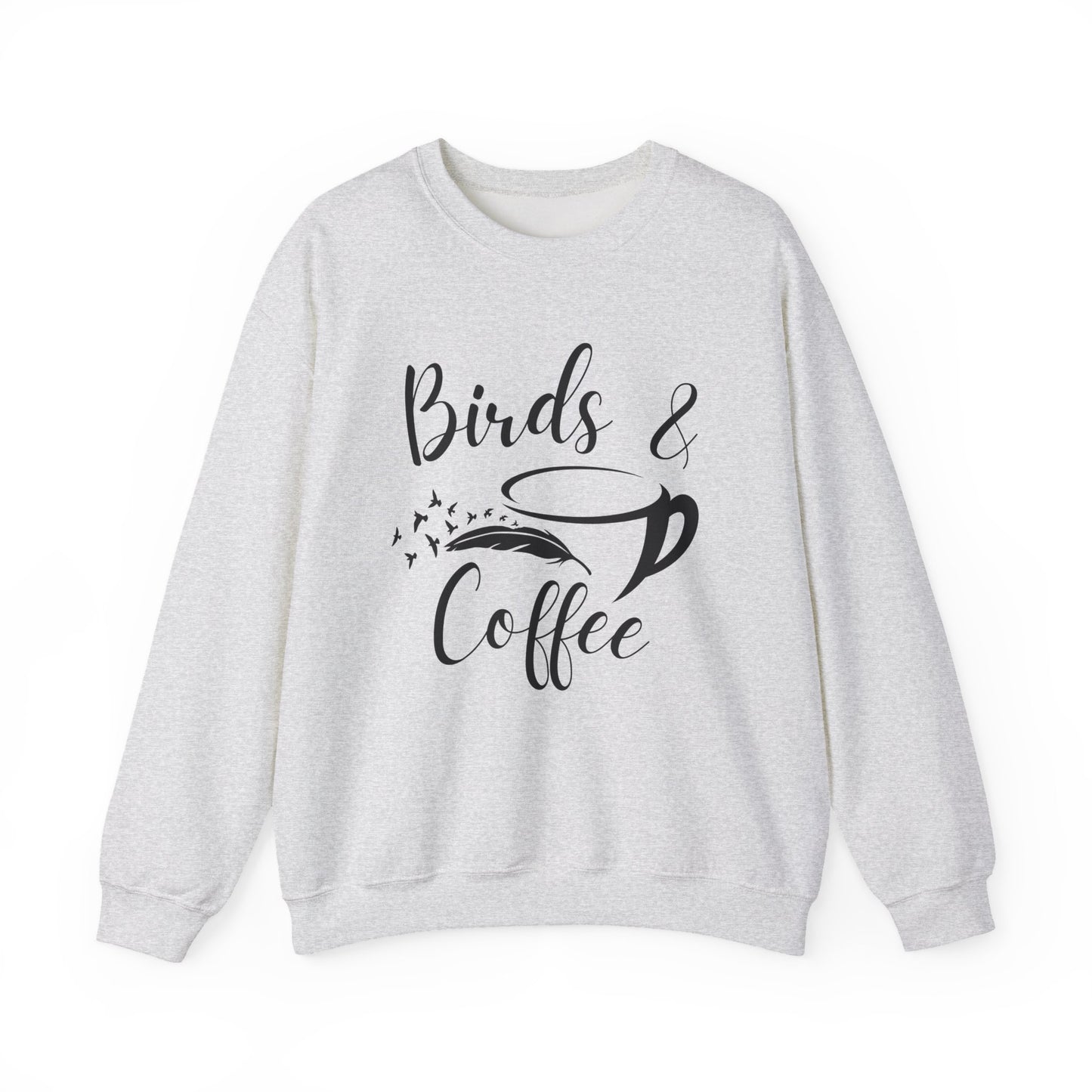 Gray sweatshirt with 'Birds & Coffee' text on a white background
