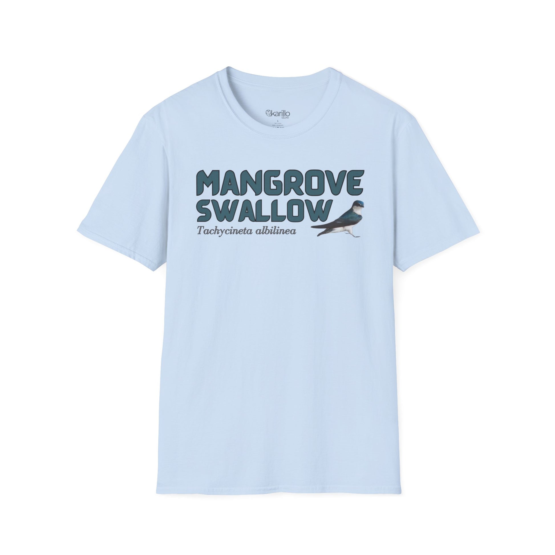 Front view of light blue t-shirt with 'Mangrove Swallow' text and bird graphic on a white background