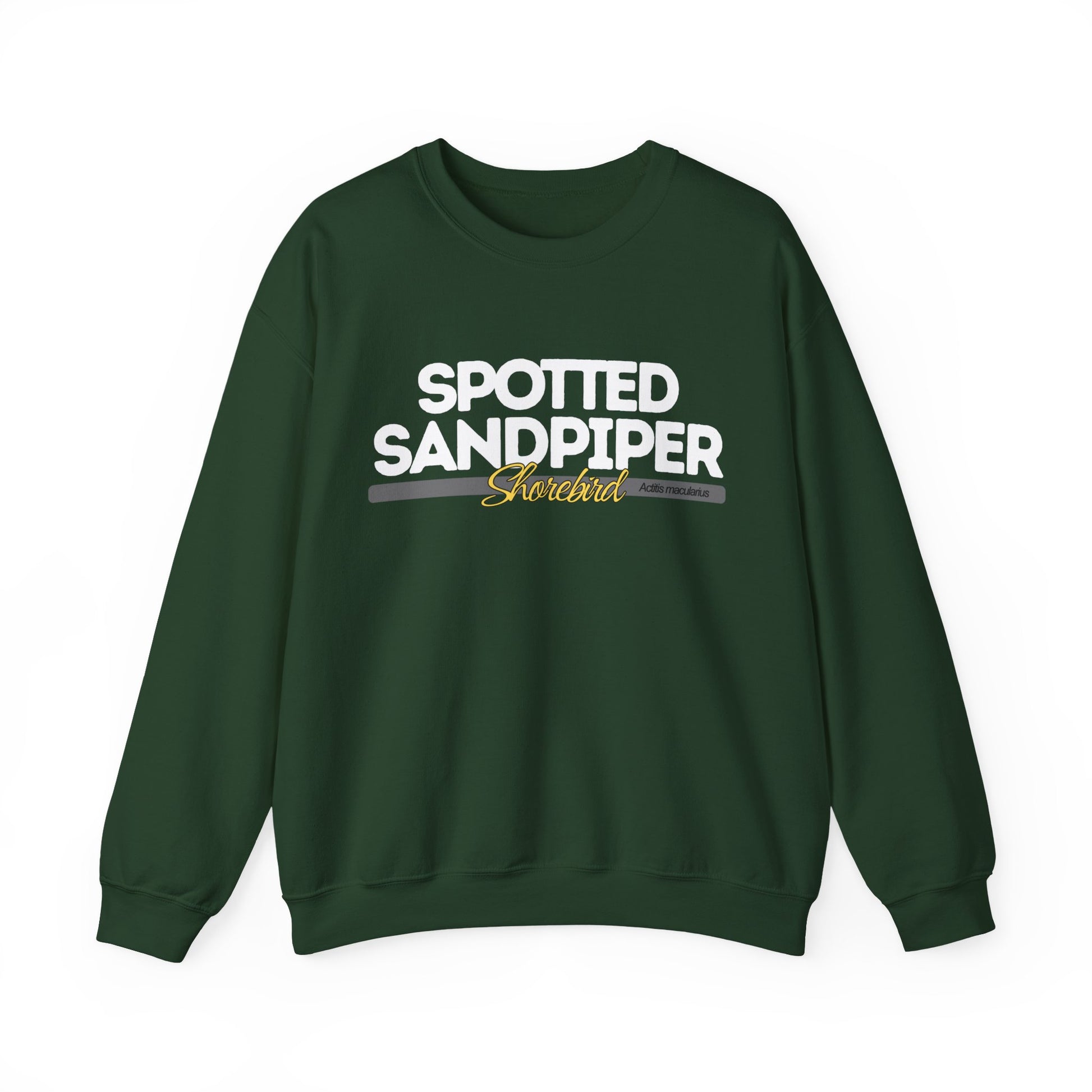Green sweatshirt with 'Spotted Sandpiper' text on a white background