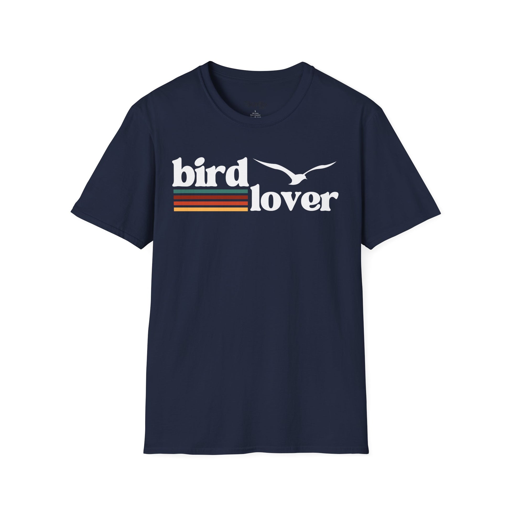 Front view of a Bird Lover graphic design on a navy blue color t-shirt