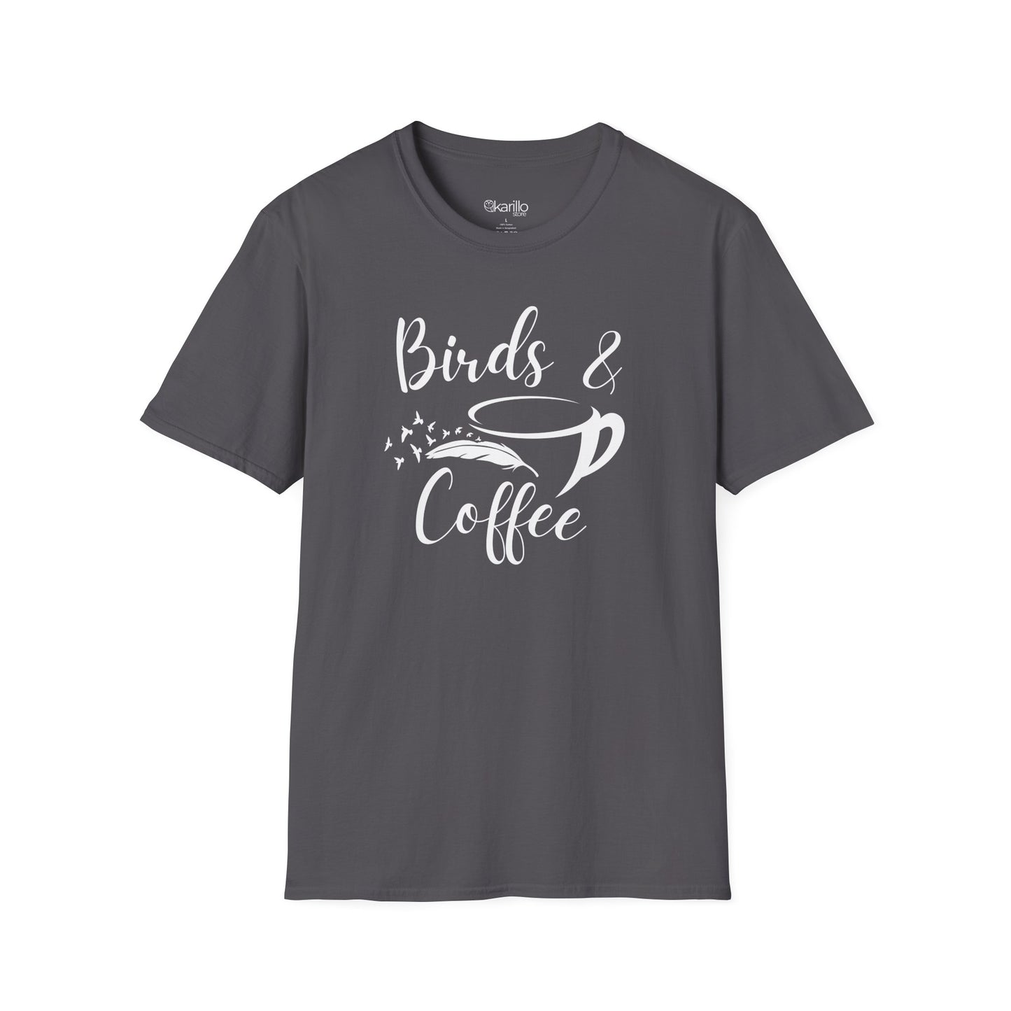 Gray t-shirt with 'Birds & Coffee' text and graphic on a white background