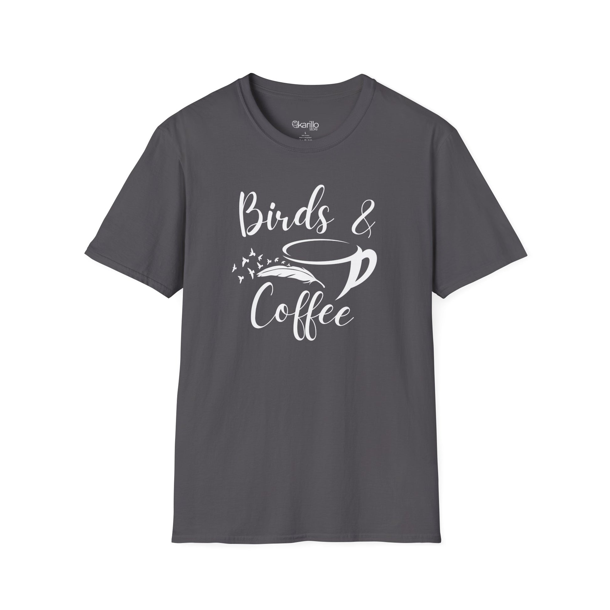 Gray t-shirt with 'Birds & Coffee' text and graphic on a white background