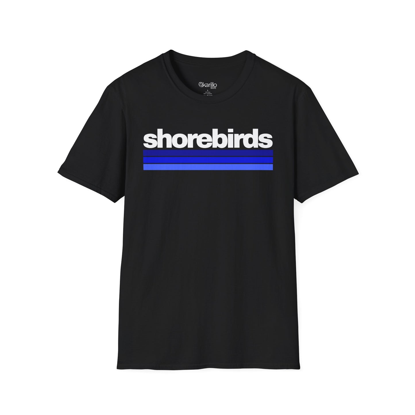 Front view of black t-shirt with 'shorebirds' text and blue stripes on a white background