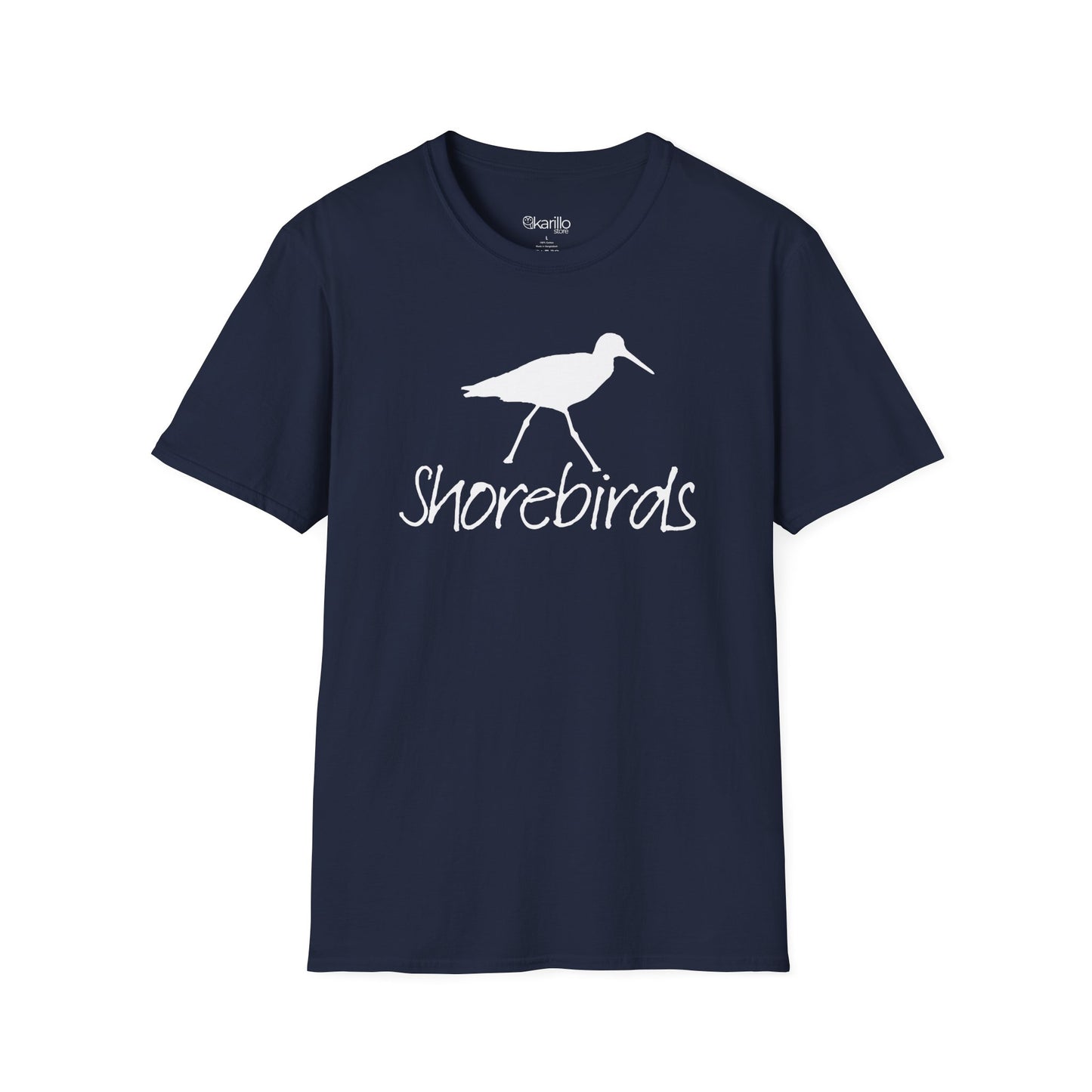 Front view of a unisex "Shorebirds" graphic navy blue T-shirt featuring an elegant all-white shorebird illustration