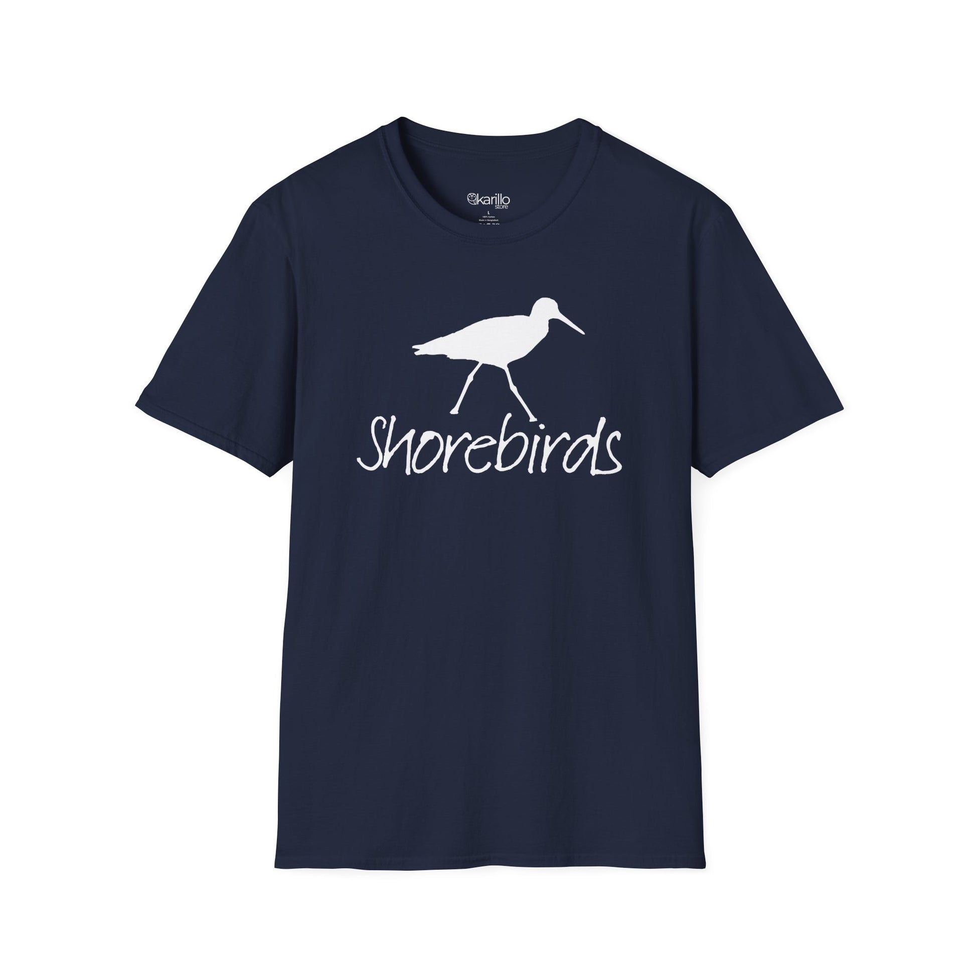 Front view of a unisex "Shorebirds" graphic navy blue T-shirt featuring an elegant all-white shorebird illustration
