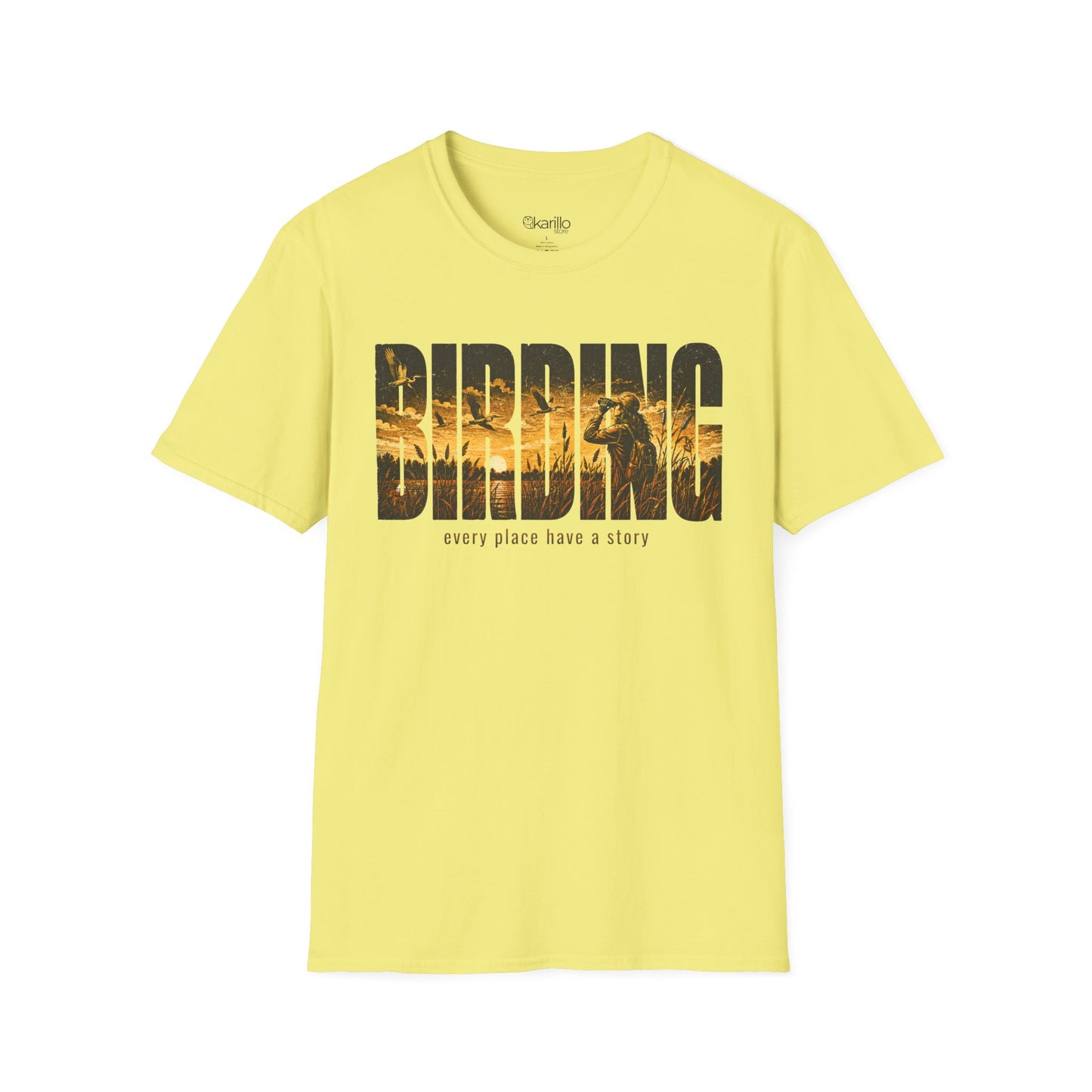 Cornsilk yellow t-shirt with Birding text sunset scenic with white background