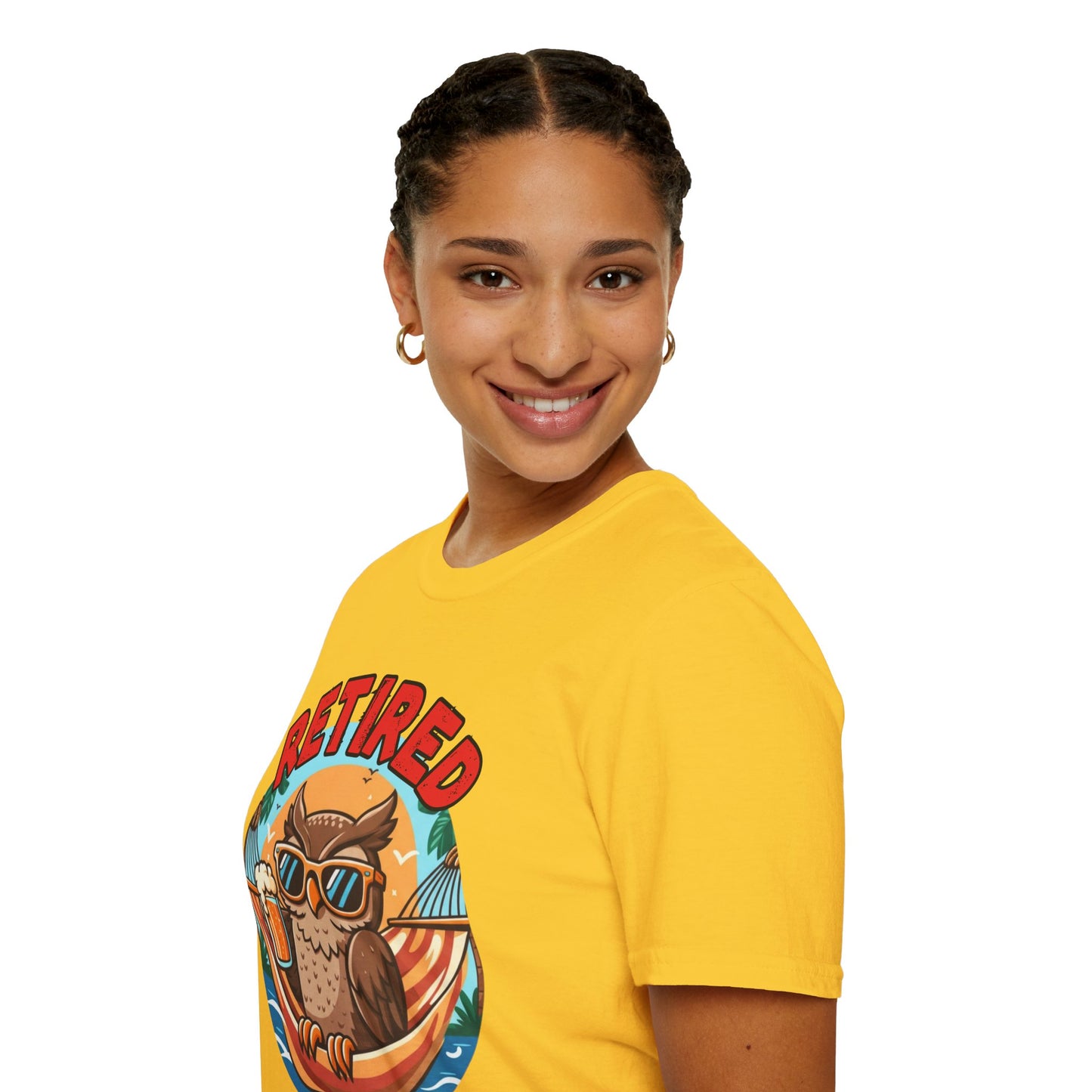 Person wearing a yellow t-shirt with a graphic design of an owl and text on a white background