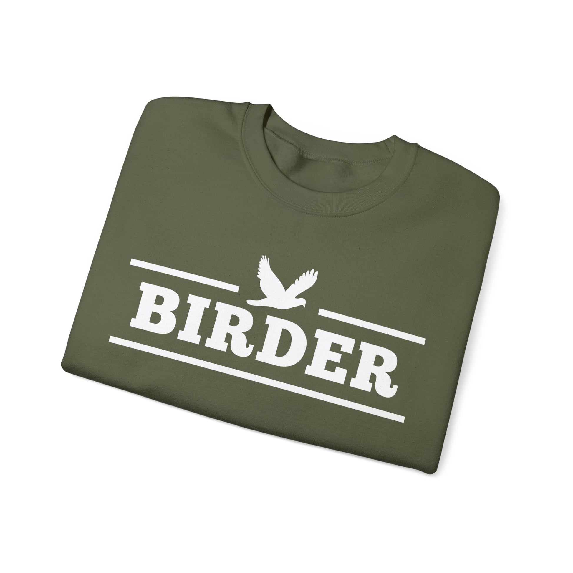 Folded green t-shirt with 'BIRDER' and a bird graphic on a white background