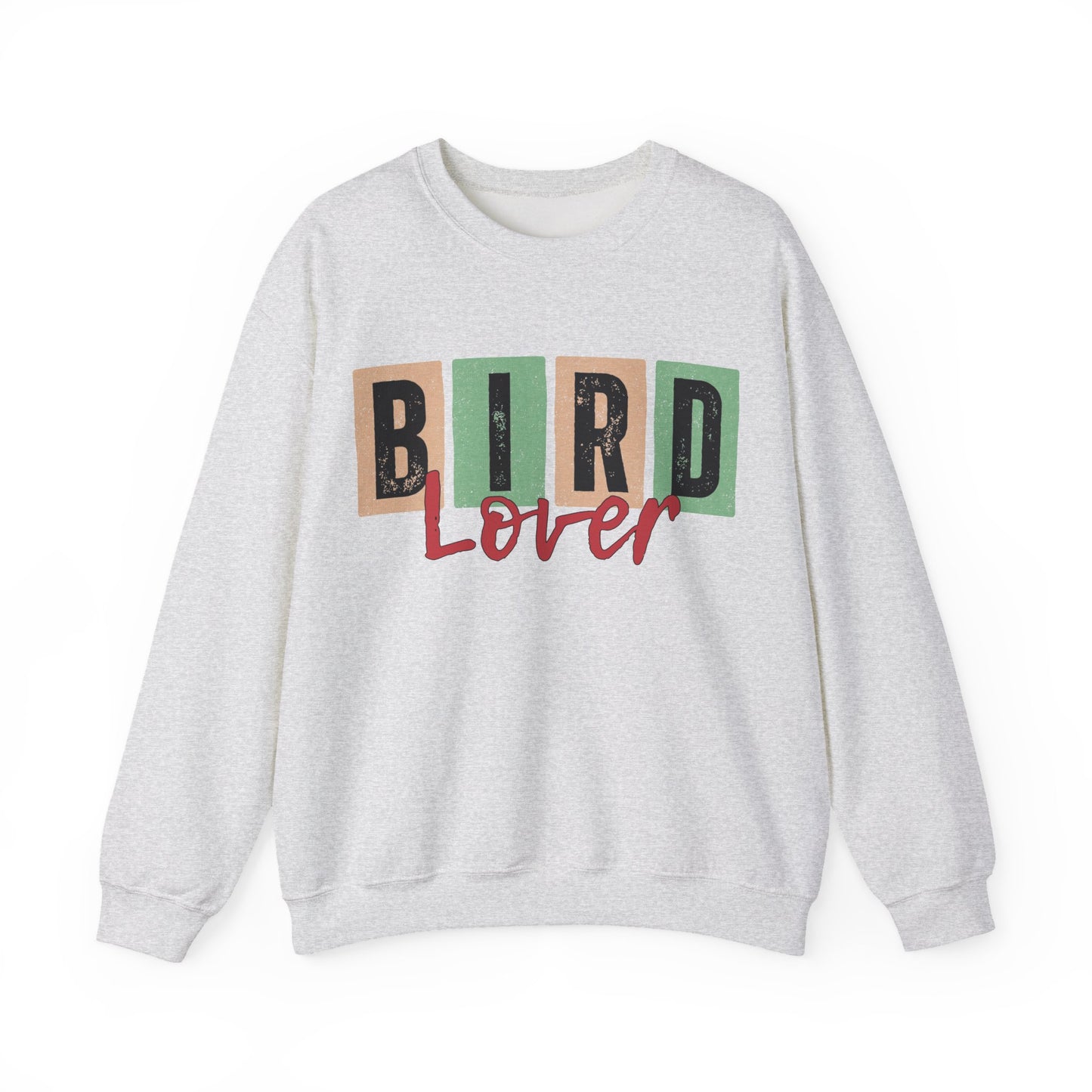 Gray sweatshirt with 'Bird Lover' text on a white background