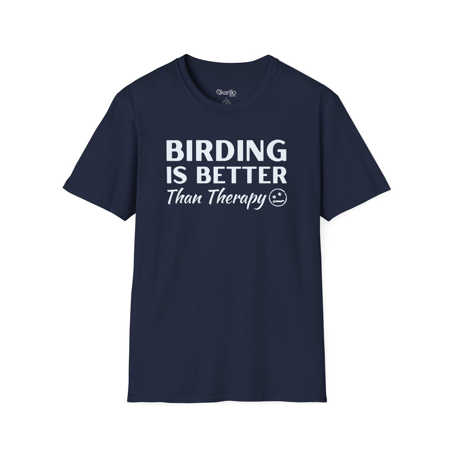 Navy blue t-shirt with 'BIRDING IS BETTER THAN THERAPY' text on a white background