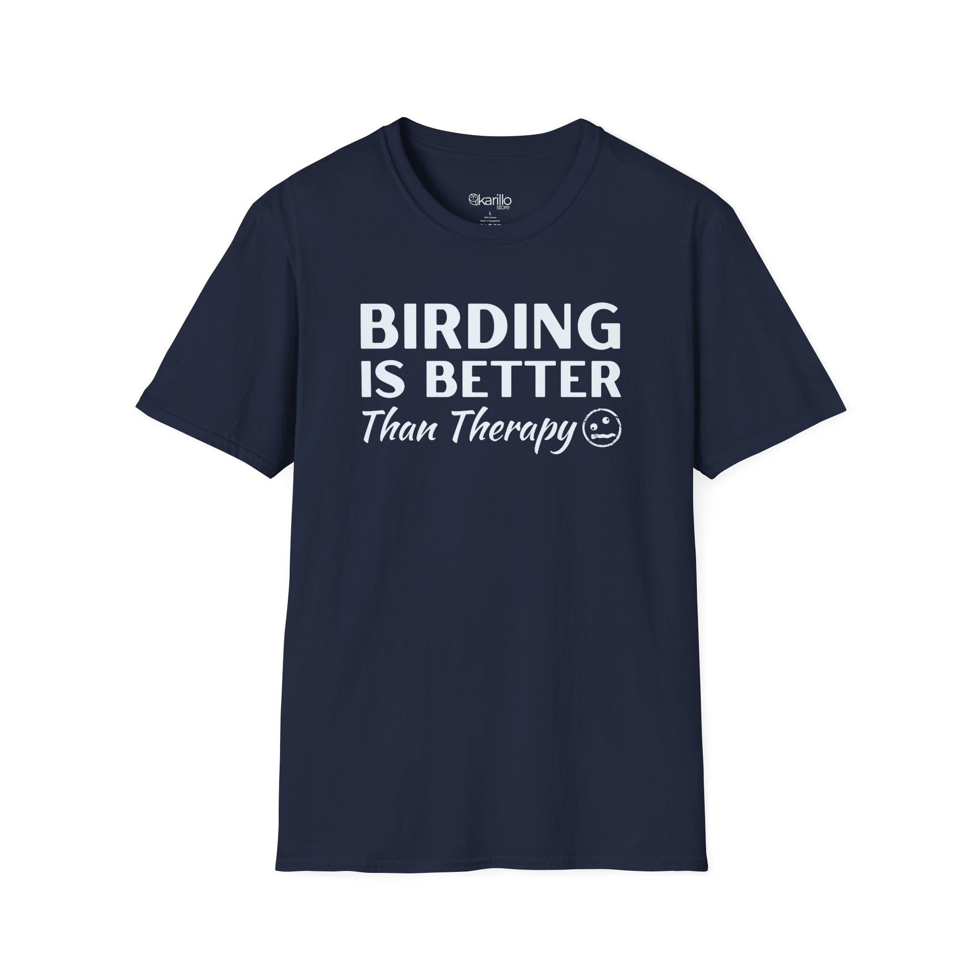 Navy blue t-shirt with 'BIRDING IS BETTER THAN THERAPY' text on a white background