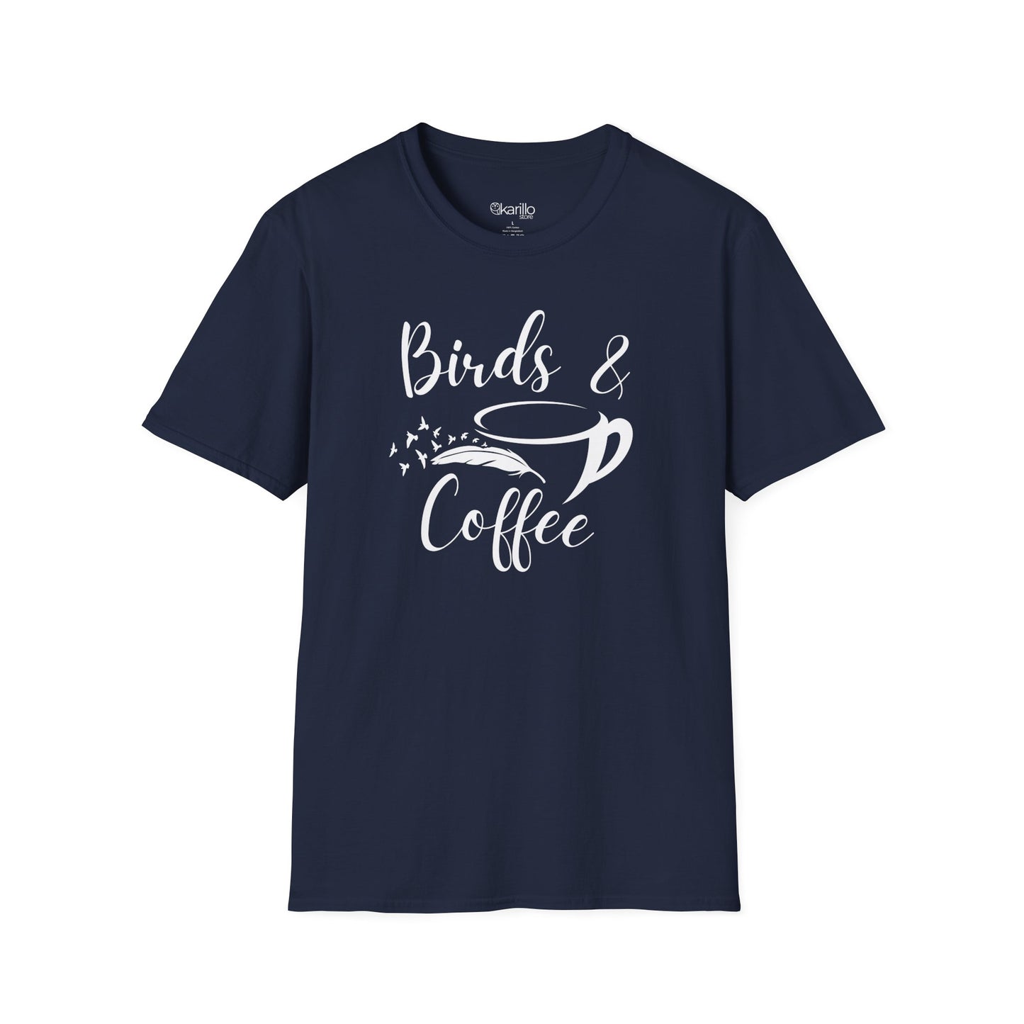 Navy blue t-shirt with 'Birds & Coffee' text and graphic on a white background