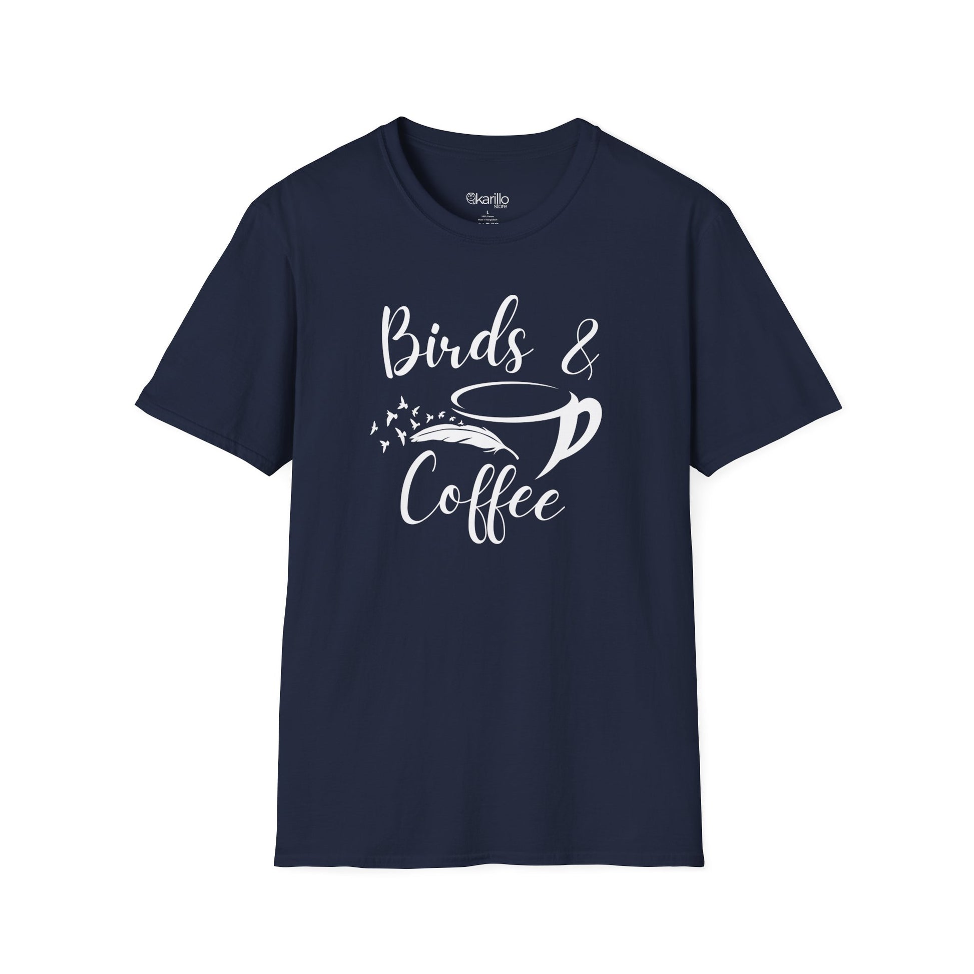 Navy blue t-shirt with 'Birds & Coffee' text and graphic on a white background