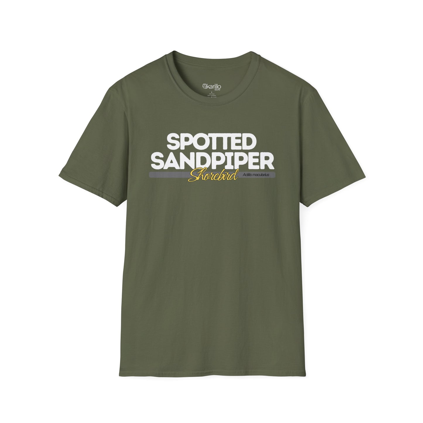 Front view of military green t-shirt with 'Spotted Sandpiper' text on a white background