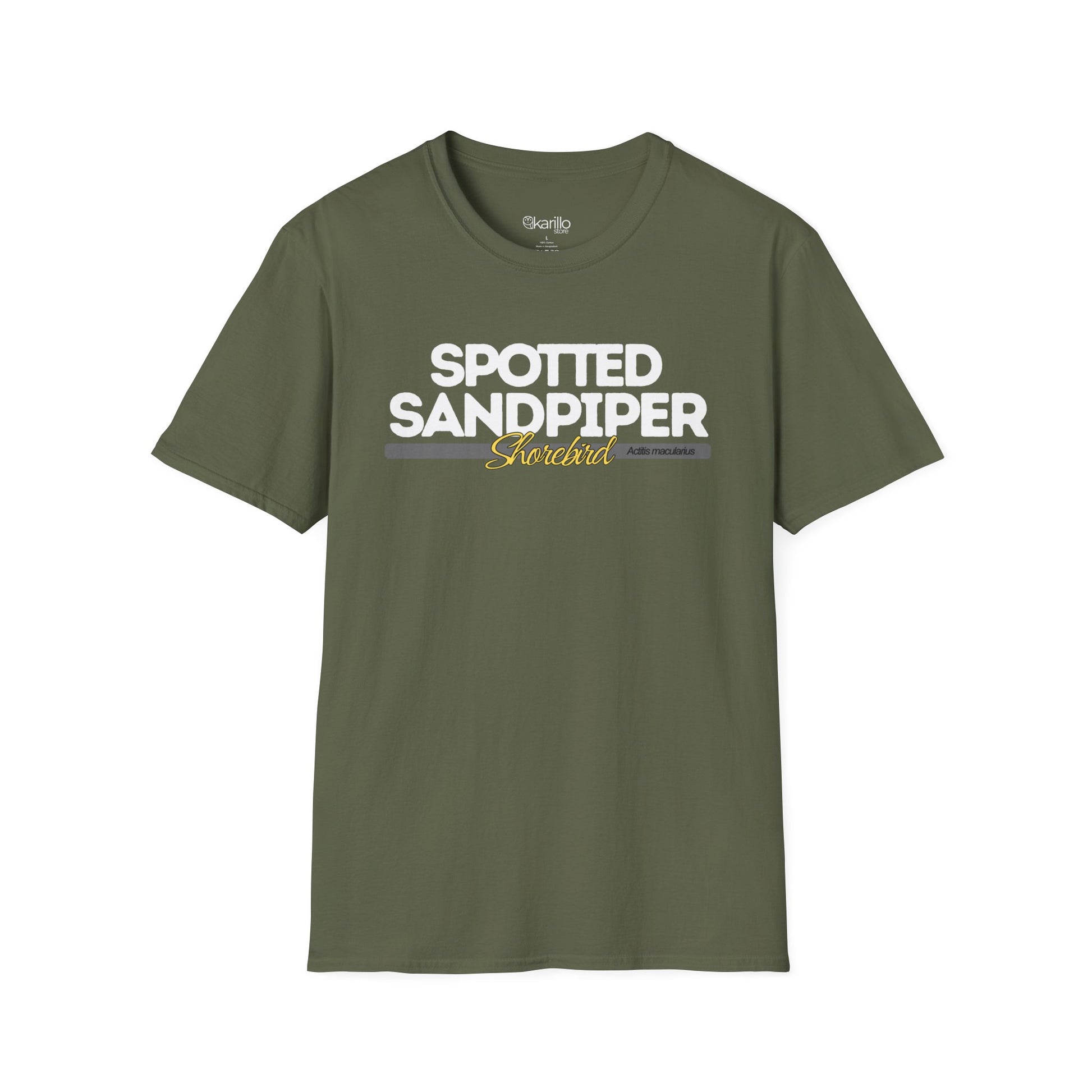 Front view of military green t-shirt with 'Spotted Sandpiper' text on a white background