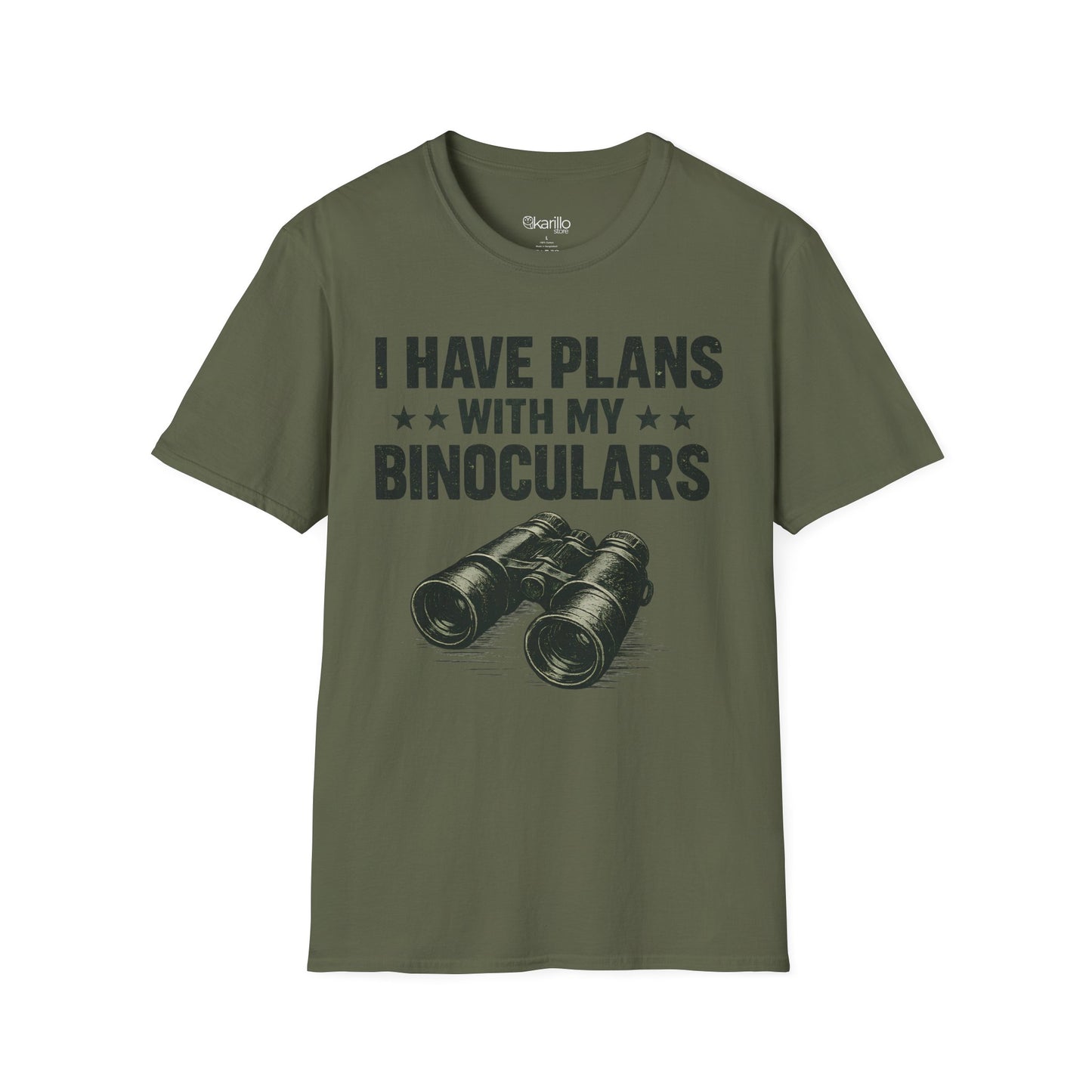 Military green t-shirt with binoculars graphic and text on a white background