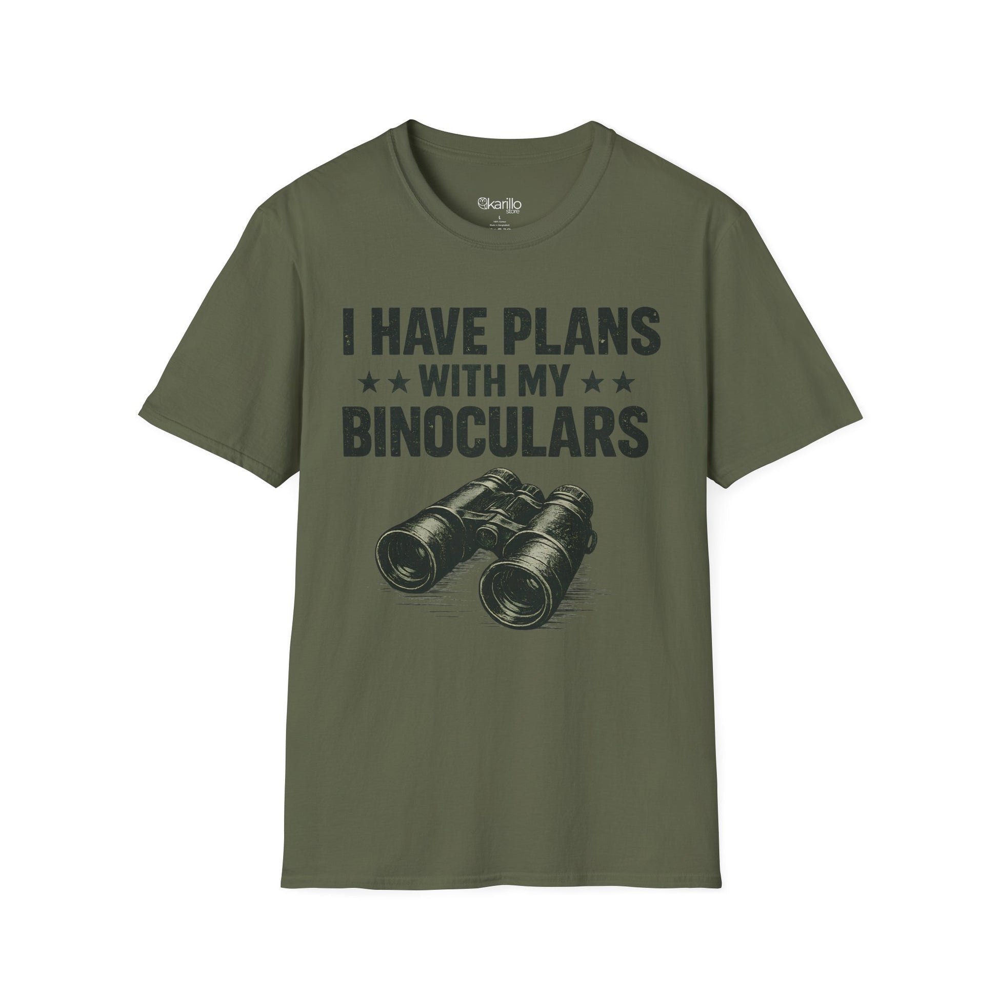 Military green t-shirt with binoculars graphic and text on a white background