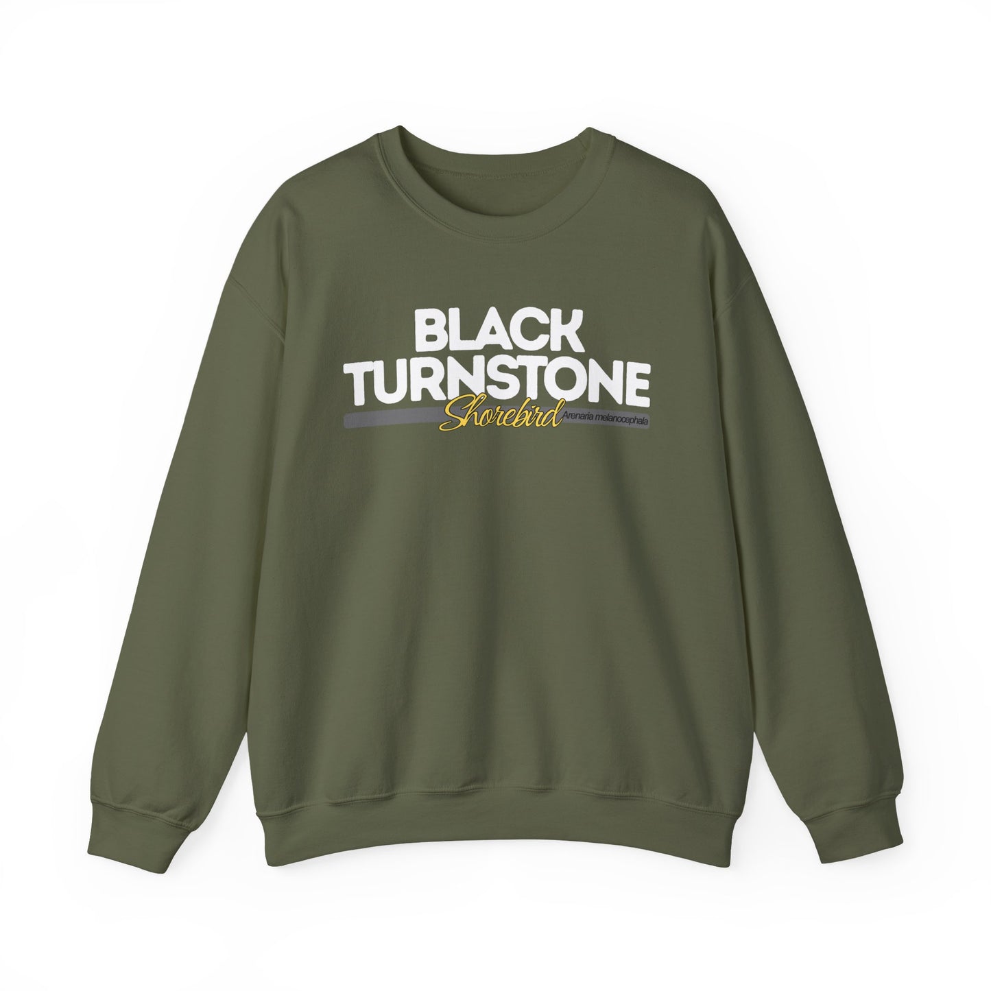 Military green sweatshirt with 'Black Turnstone' text on a white background