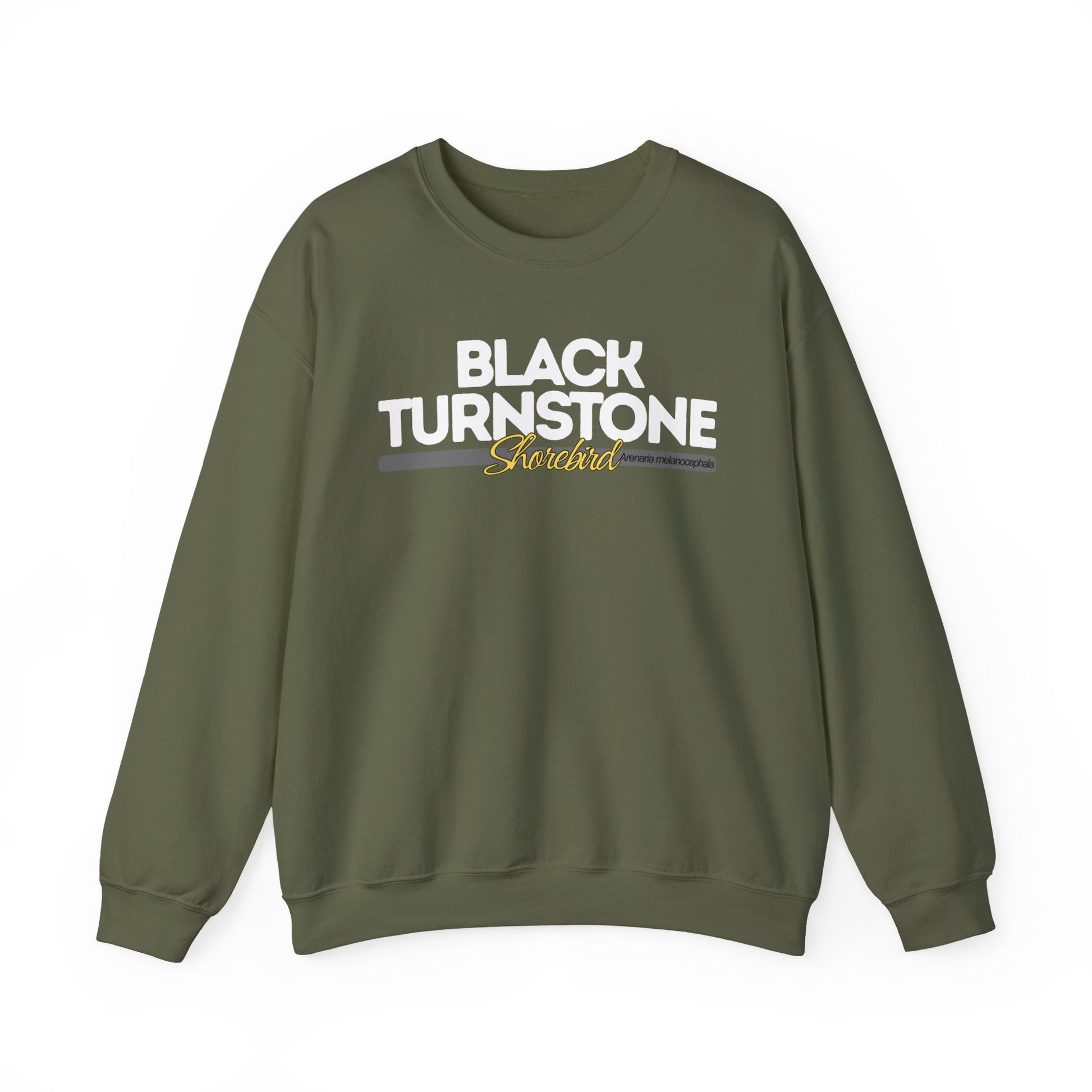 Military green sweatshirt with 'Black Turnstone' text on a white background