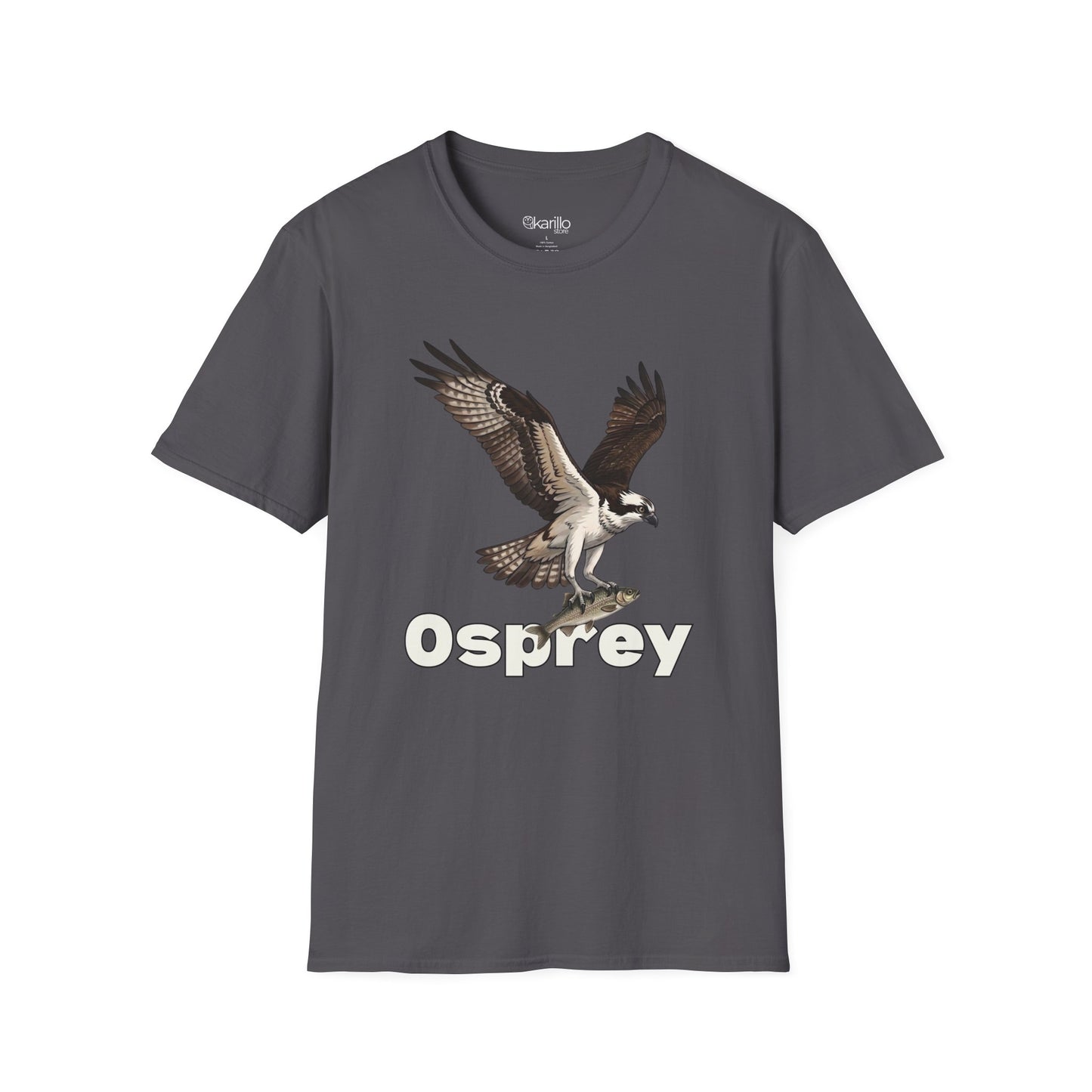 Gray t-shirt with an osprey graphic and 'Osprey' text on a white background