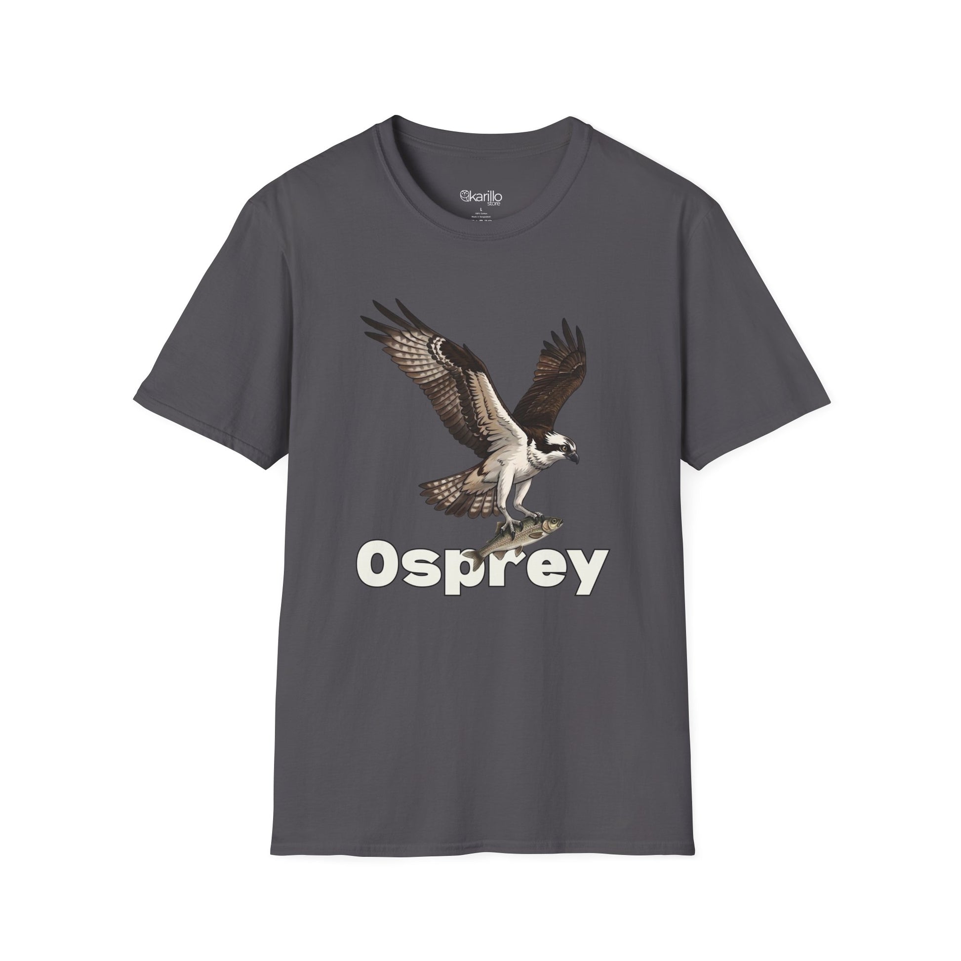 Gray t-shirt with an osprey graphic and 'Osprey' text on a white background