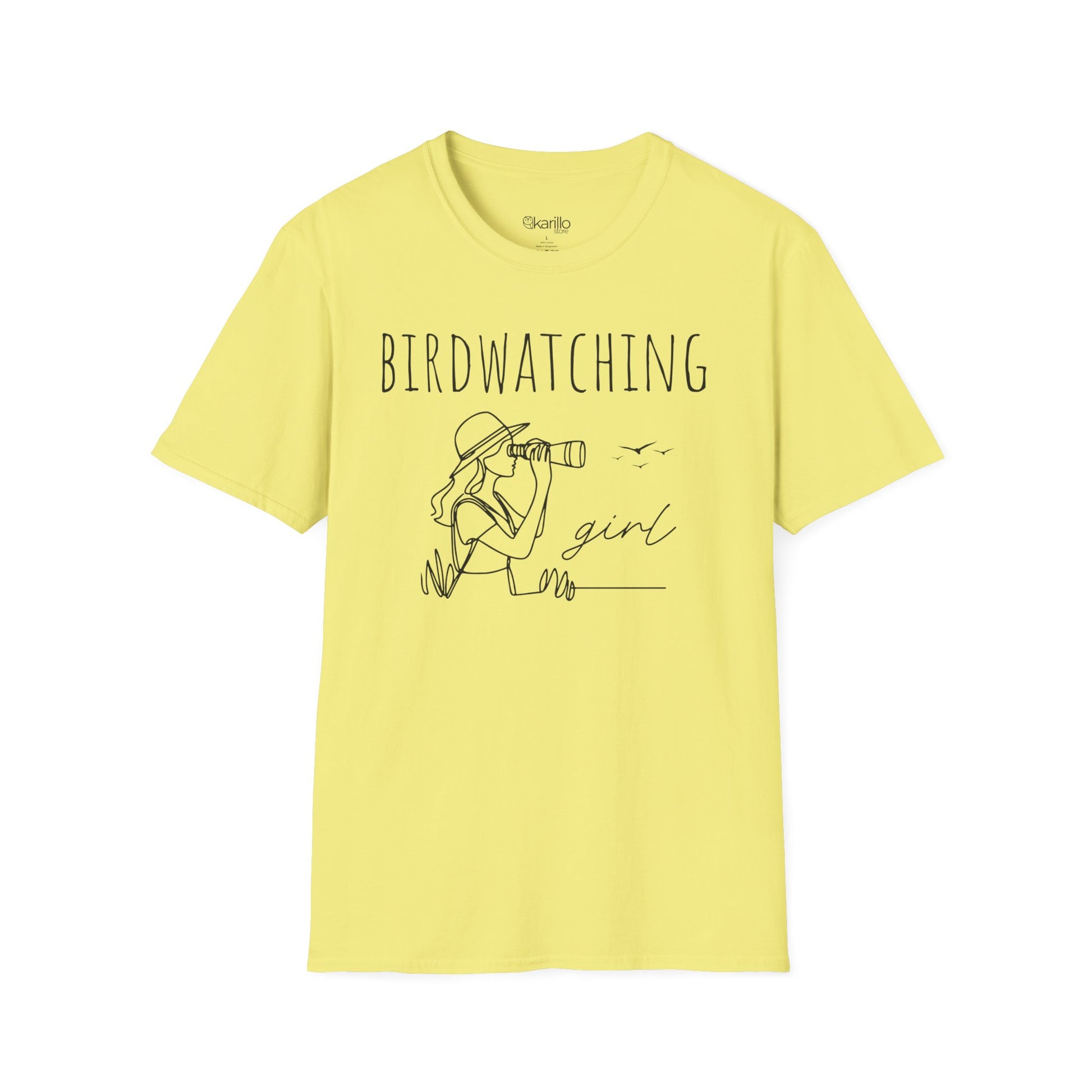 Front view of a "Birdwatching Girl"  cornsilk T-shirt with an outlined graphic of a girl spotting a bird using binoculars