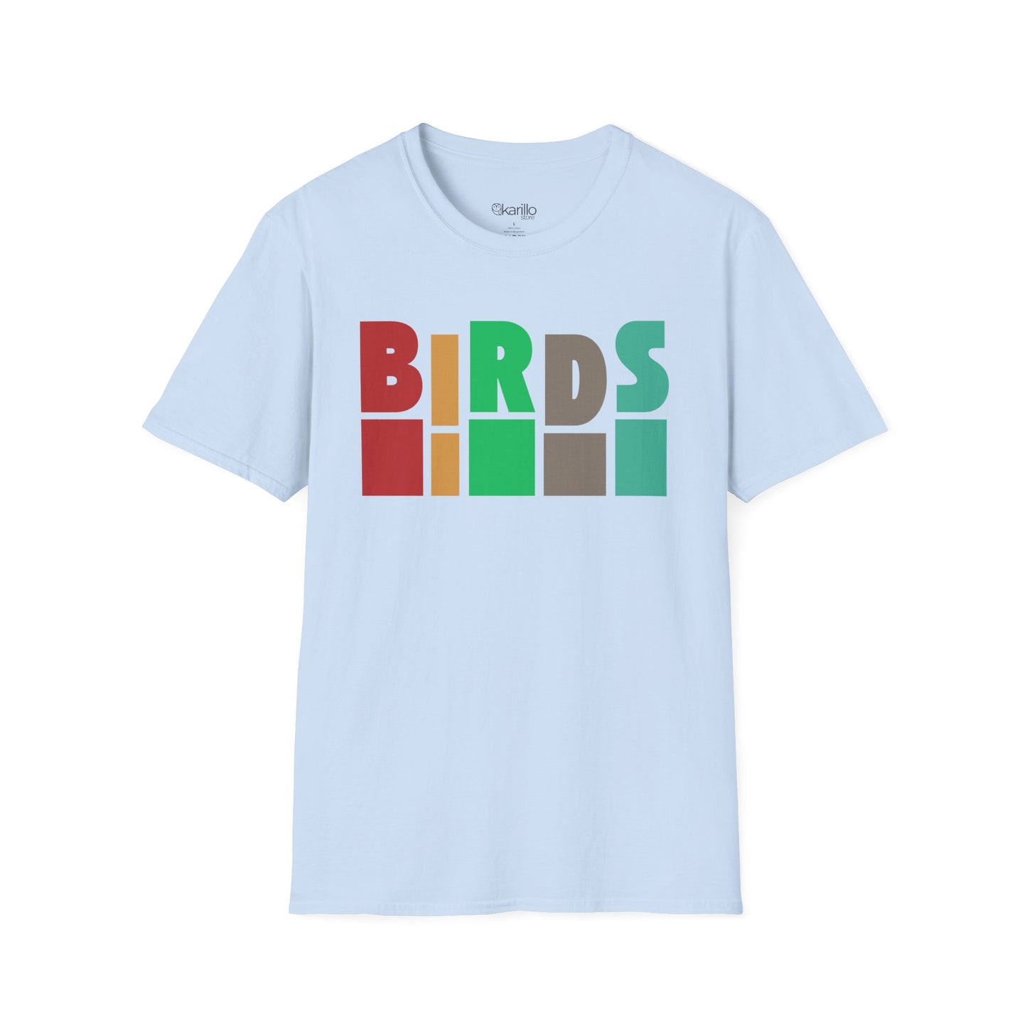 Front view of light blue t-shirt with 'Birds' text on a white background