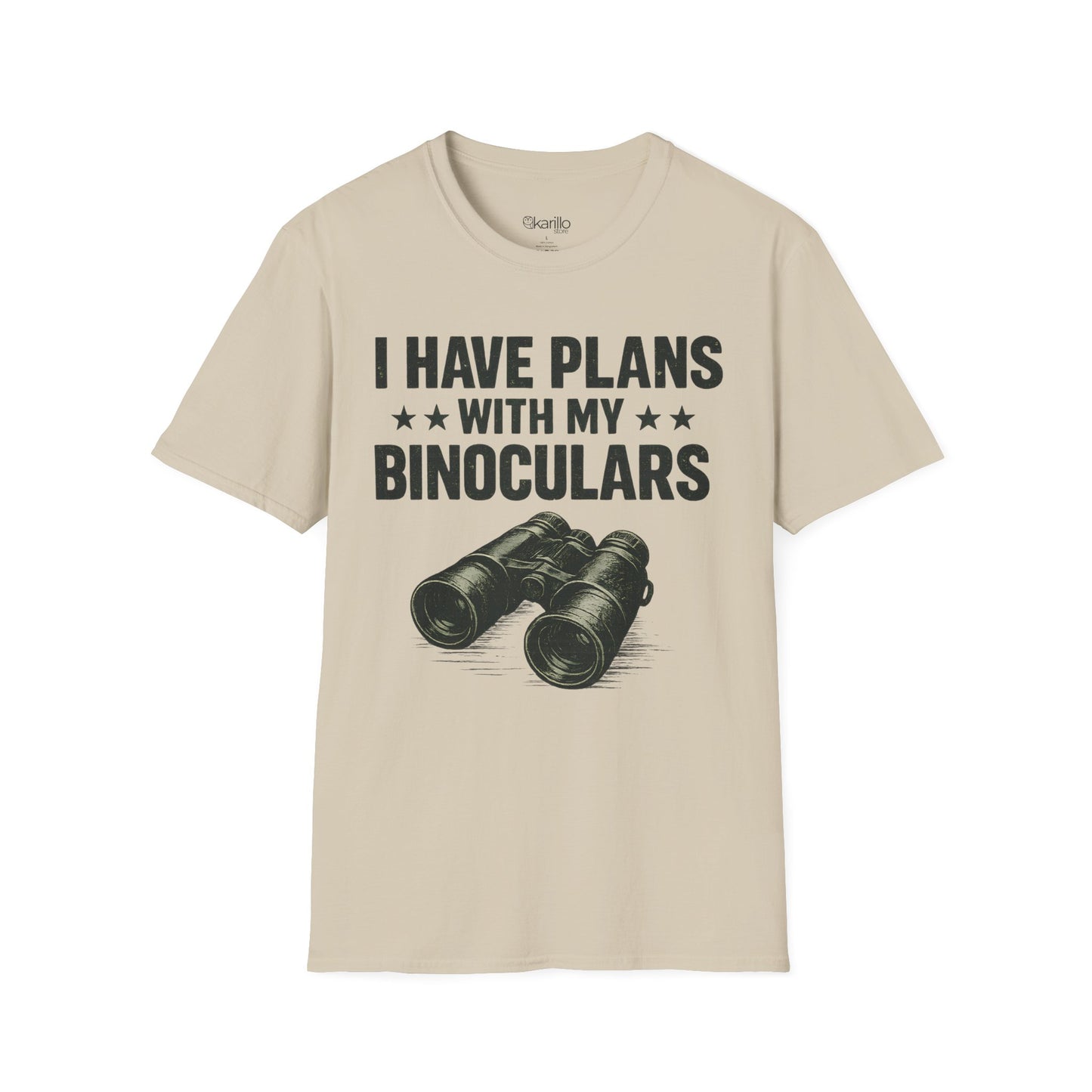 Sand color t-shirt with binoculars graphic and text on a white background