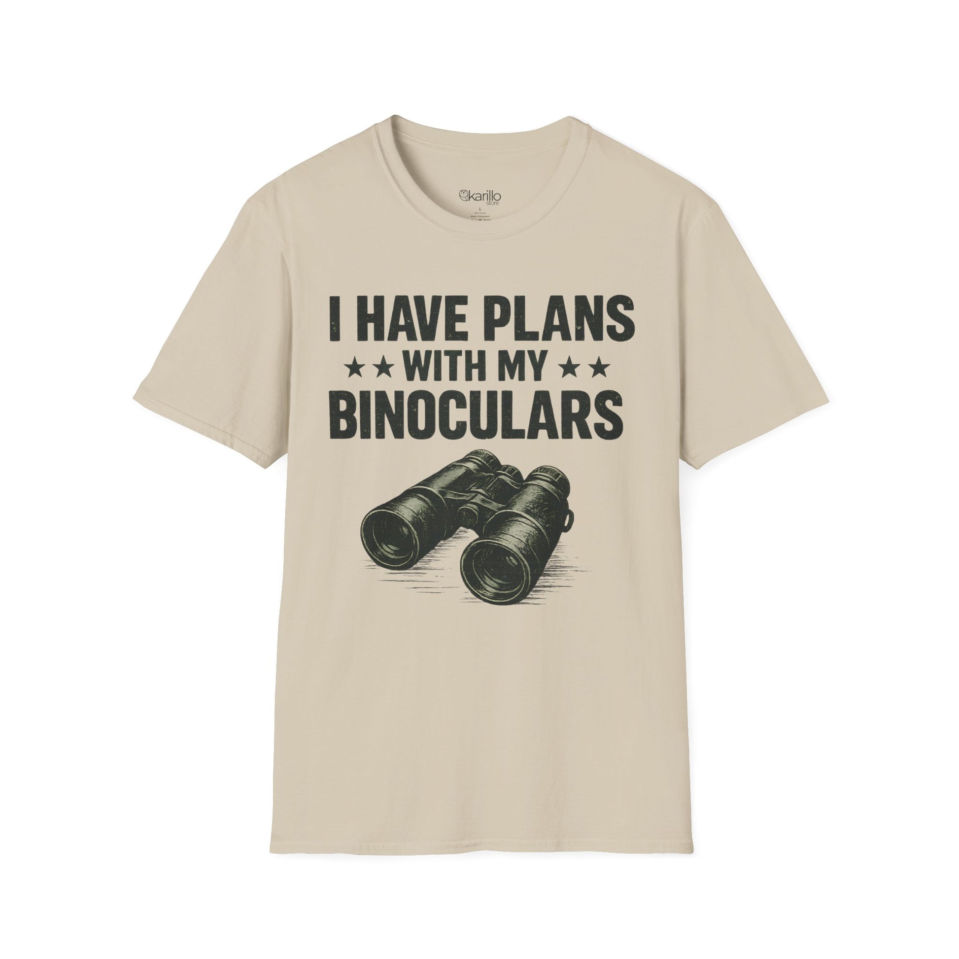 Sand color t-shirt with binoculars graphic and text on a white background