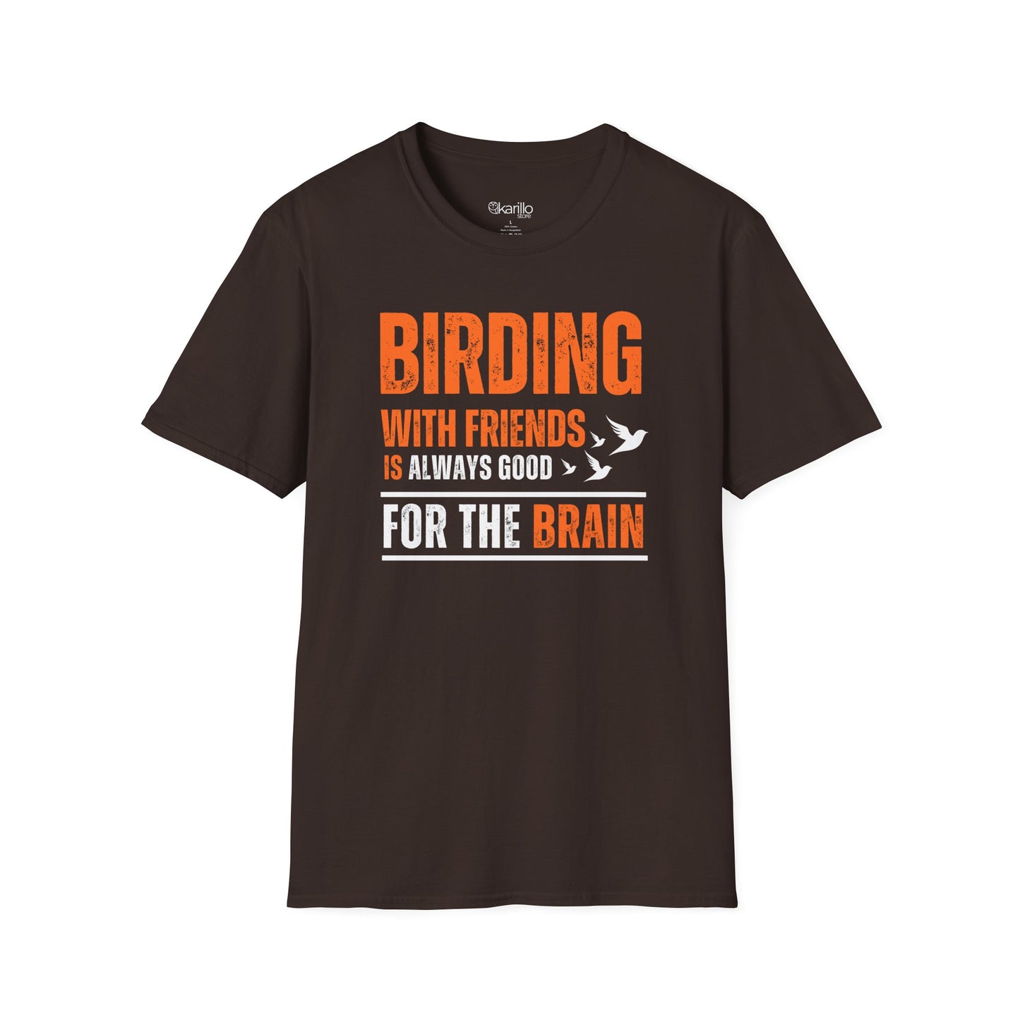 Front view Birding With Friends T-shirt – Birdwatching Quote brown color
