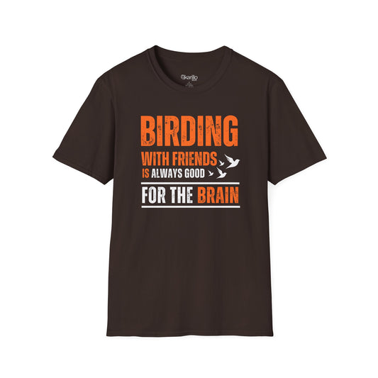 Front view Birding With Friends T-shirt – Birdwatching Quote brown color