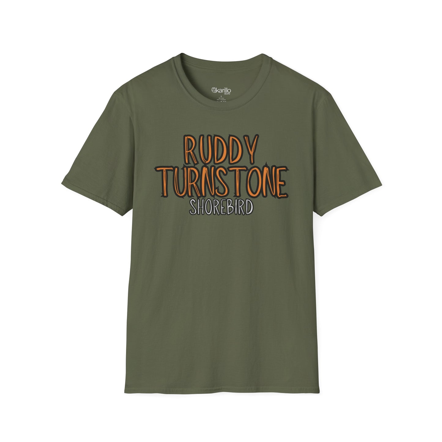 military green t-shirt with 'Ruddy Turnstone Shorebird' text on a white background
