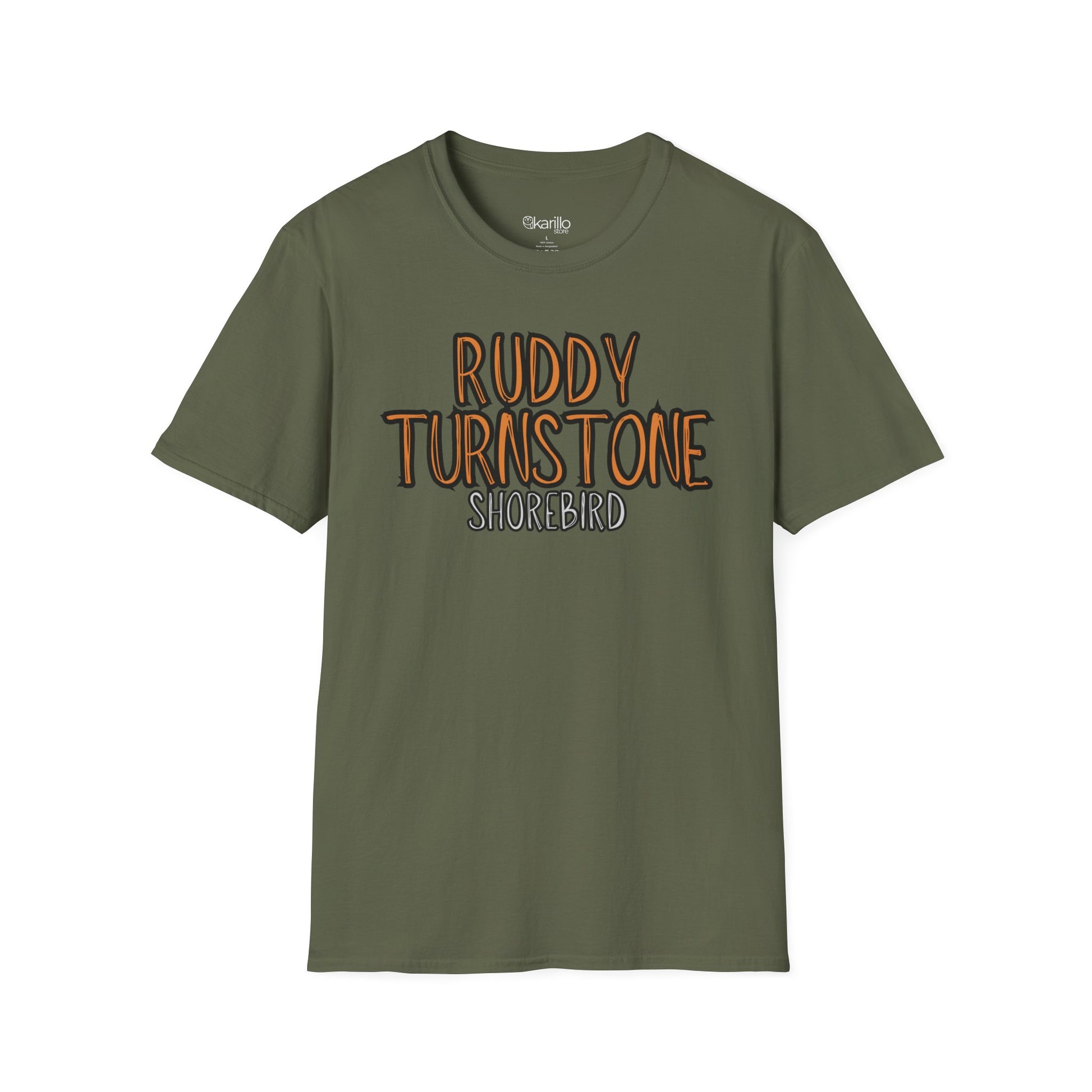 military green t-shirt with 'Ruddy Turnstone Shorebird' text on a white background