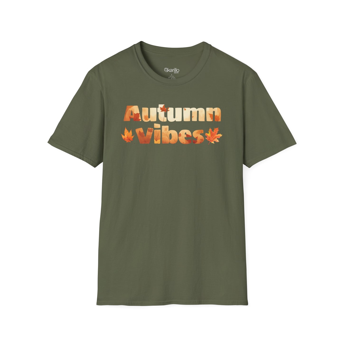 MIlitary green t-shirt with 'Autumn Vibes' text and leaf designs on a white background