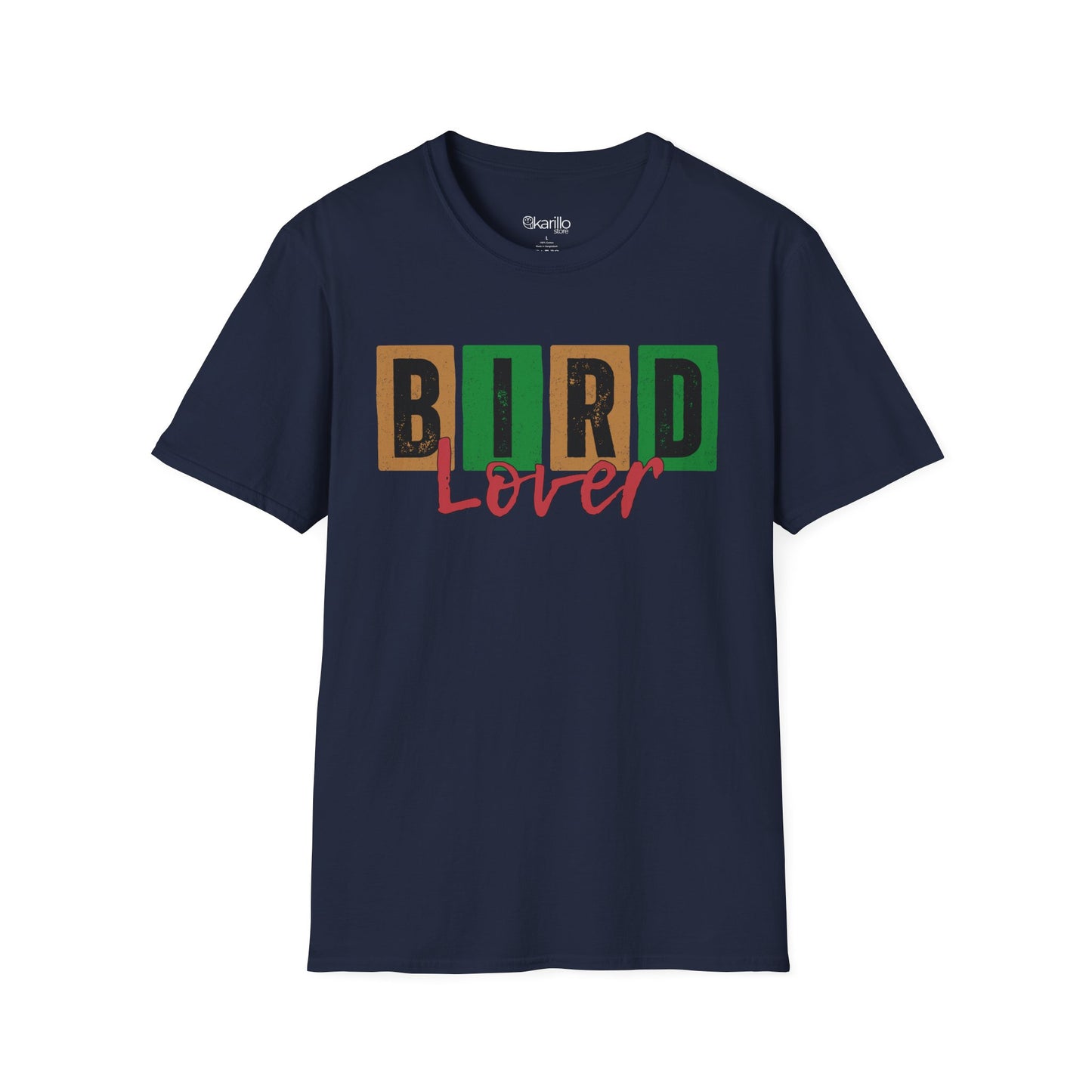 Front view of navy blue t-shirt with 'Bird Lover' text on a white background