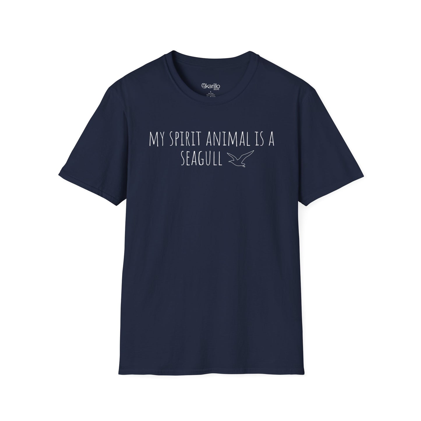 Navy blue t-shirt with text 'My spirit animal is a seagull' on a white background