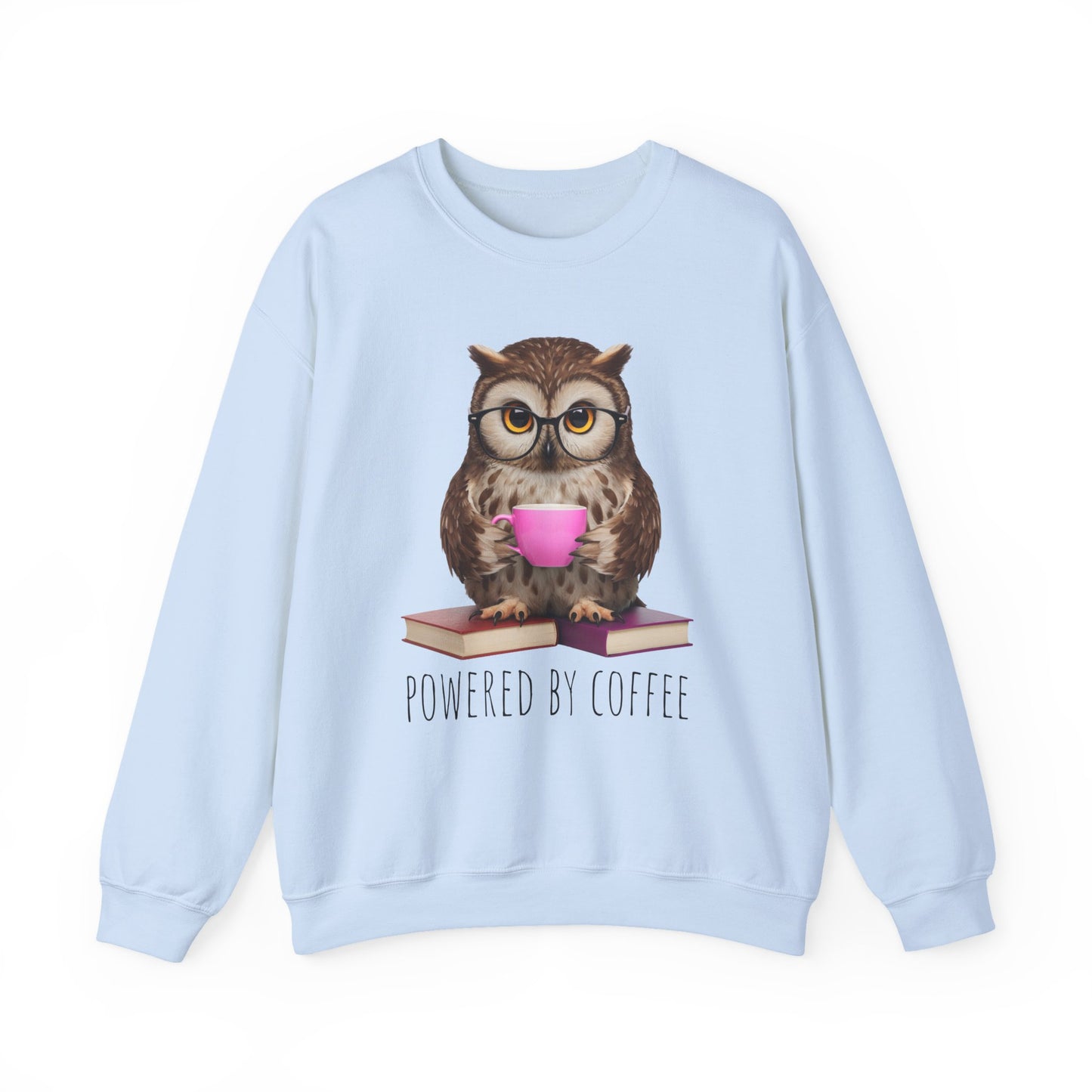 Light blue sweatshirt with an owl holding a pink cup and 'Powered by Coffee' text on a white background
