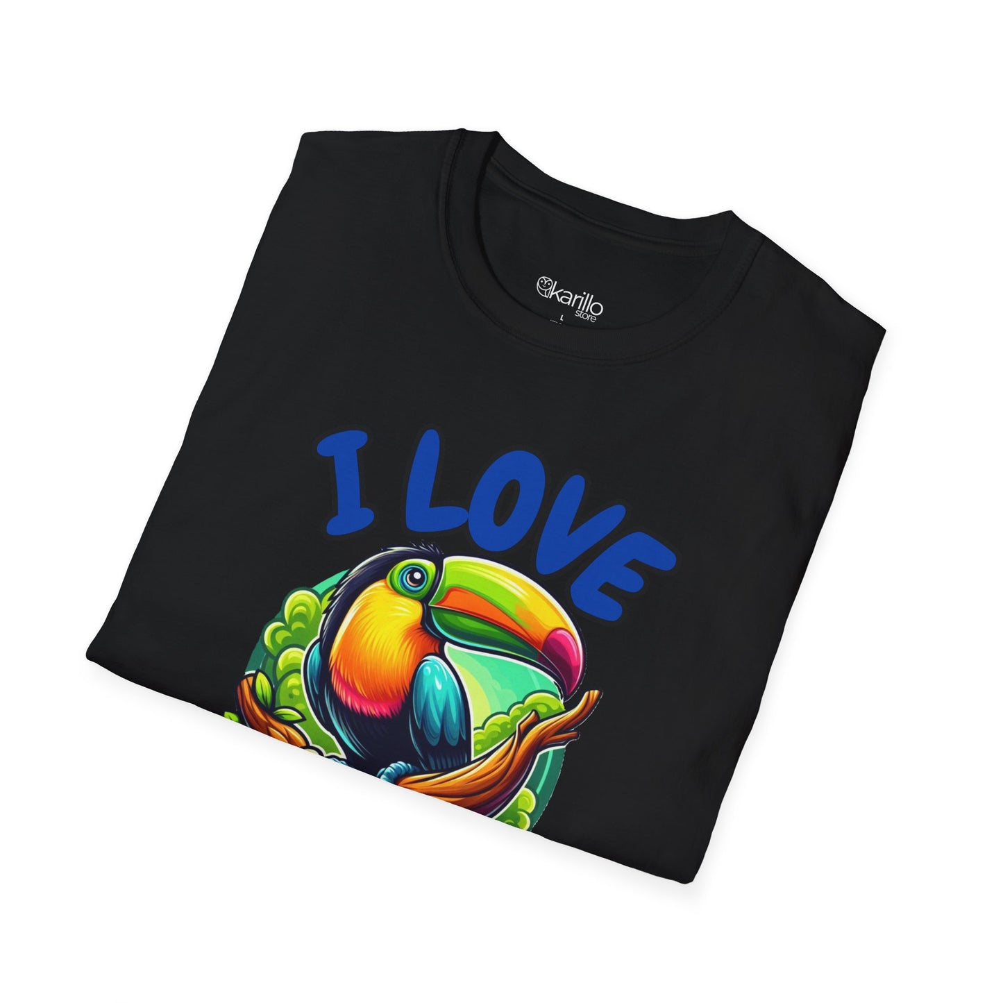 Folded view black t-shirt with a colorful toucan graphic and 'I Love Toucans' text on a white background