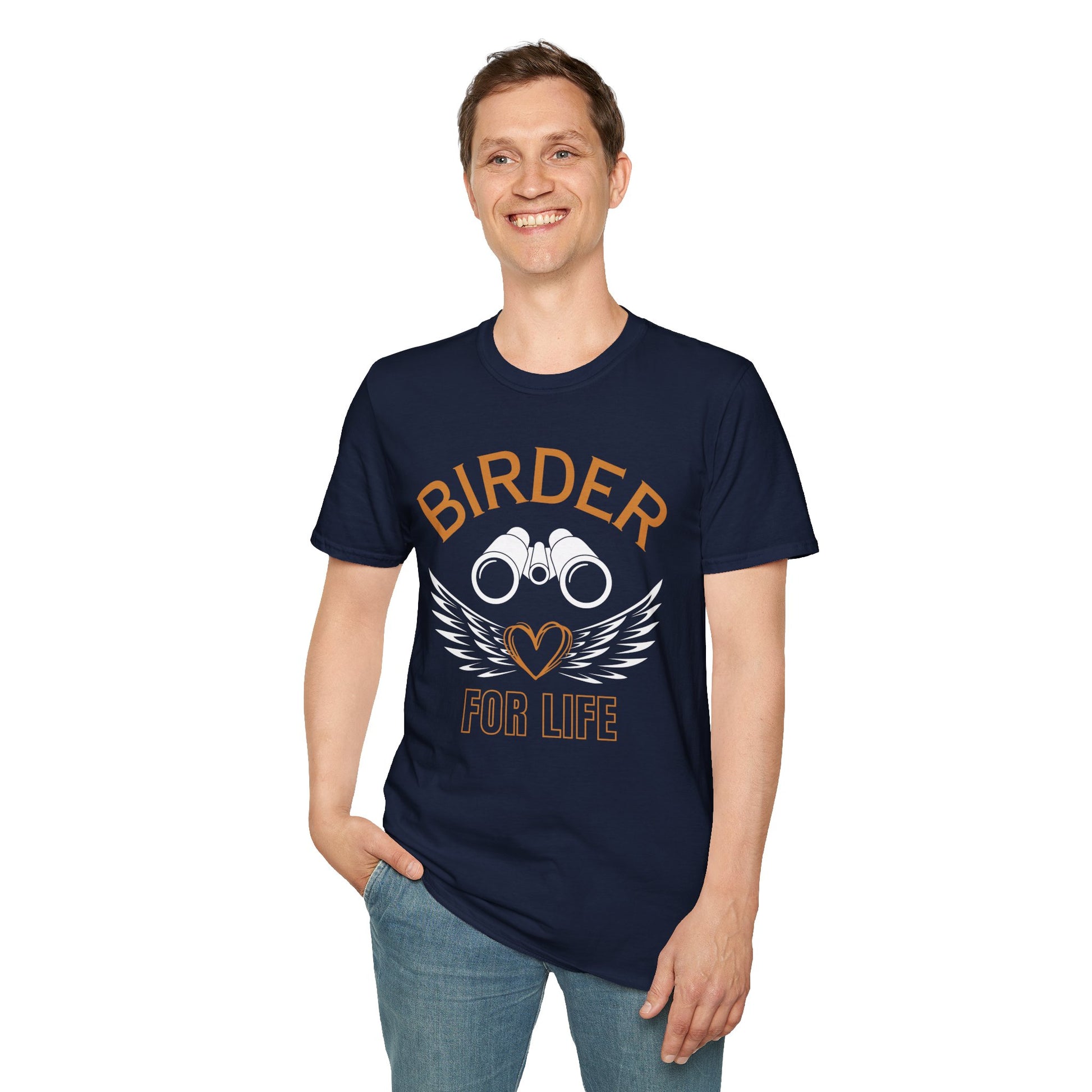 Man wearing of Birder for Life T-shirt navy blue color, gift for bird lovers
