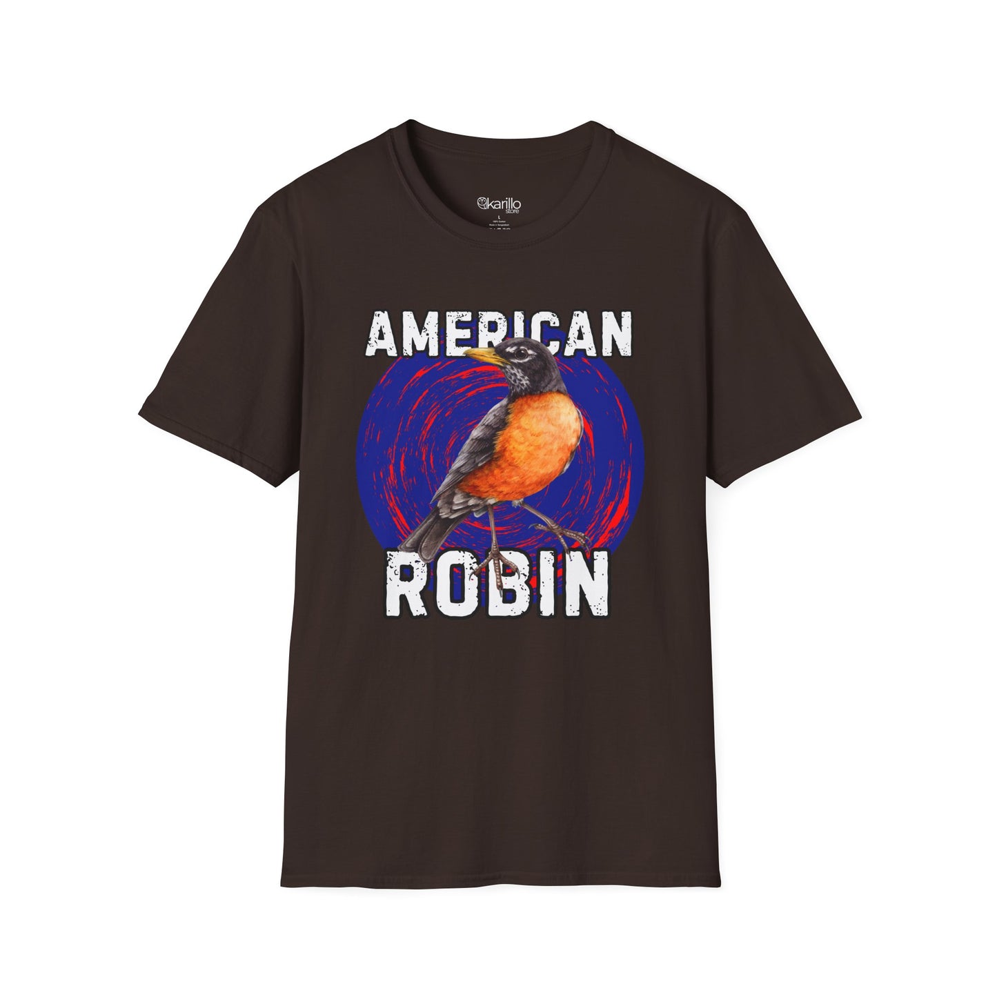 Black t-shirt with an American Robin graphic on a white background