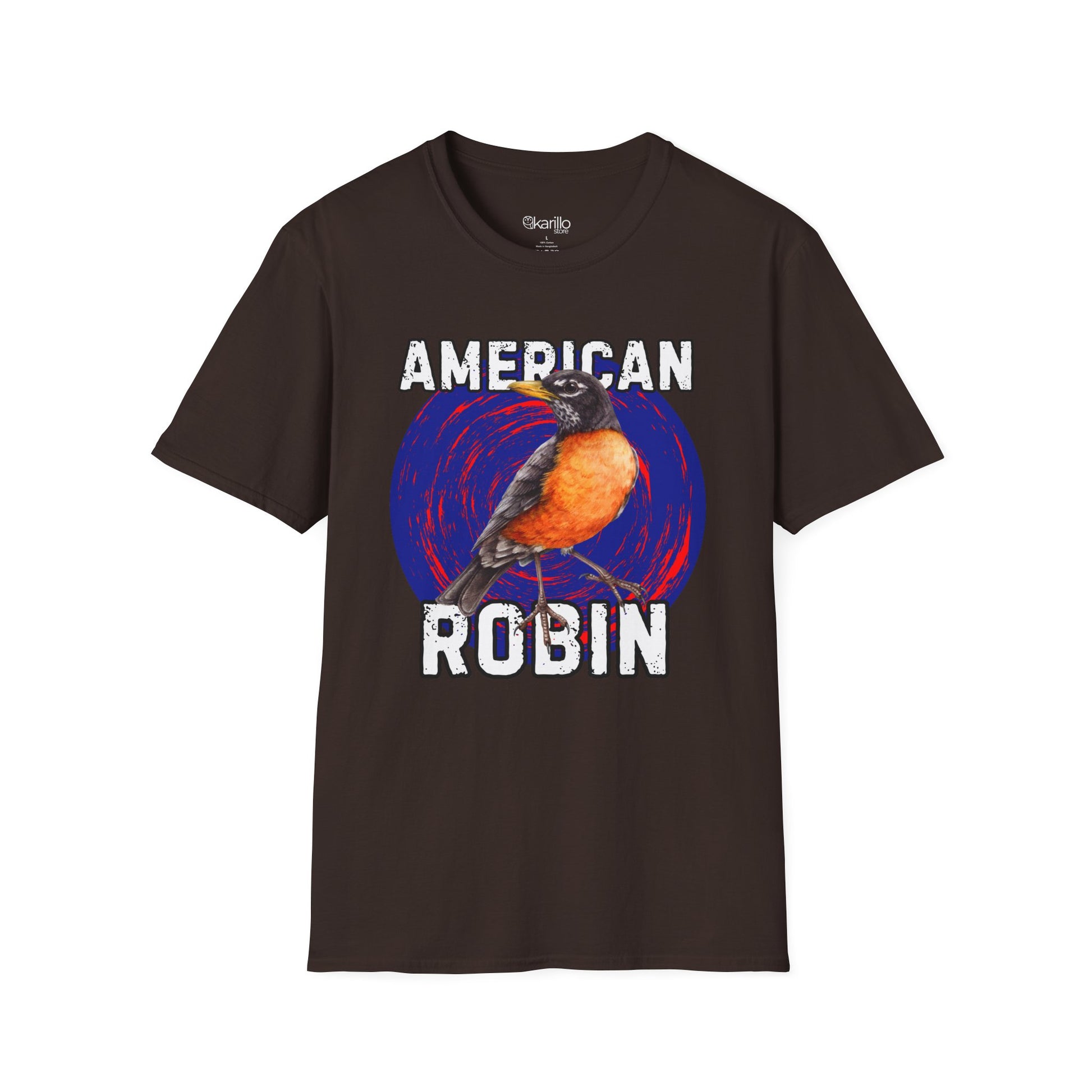 Black t-shirt with an American Robin graphic on a white background