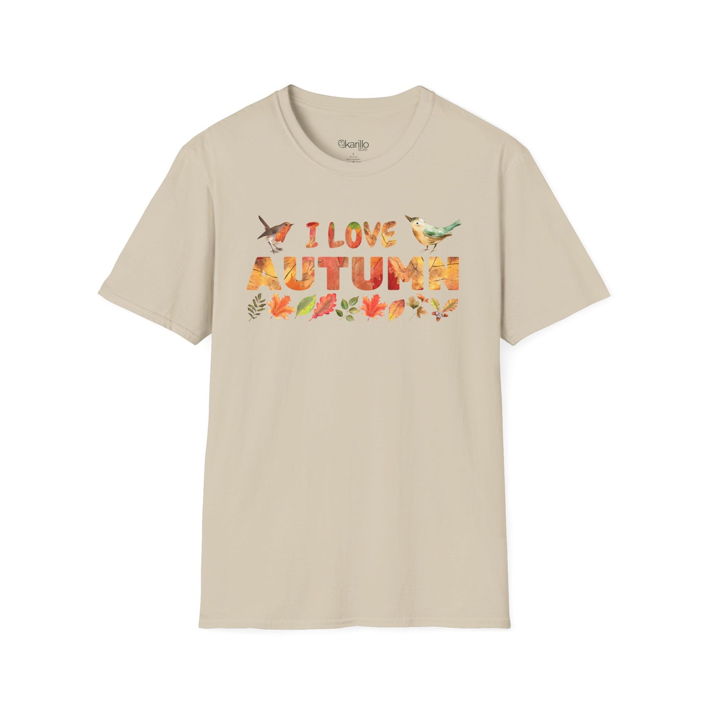 Beige t-shirt with 'I love autumn' text and leaf graphics on a white background