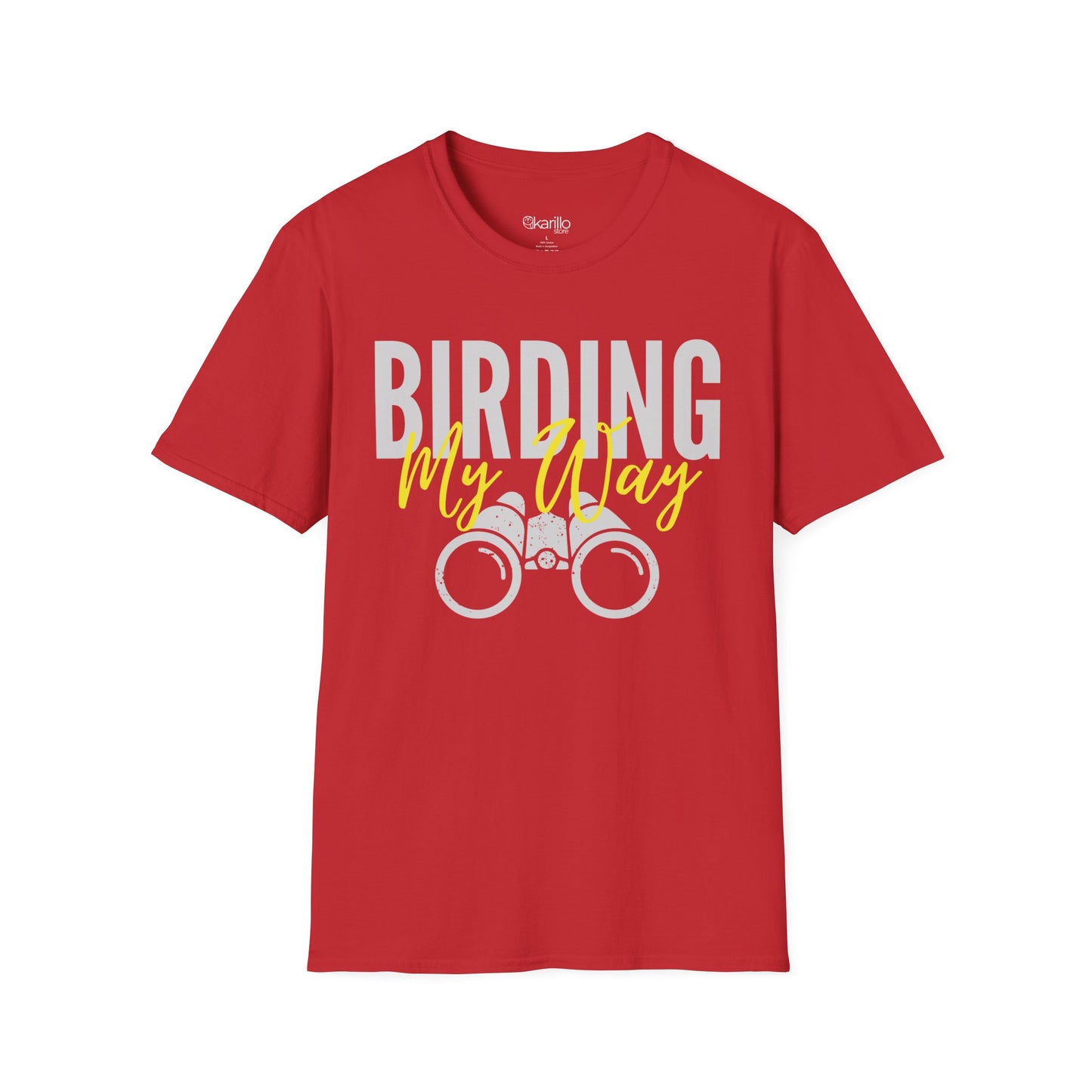 Red unisex t-shirt featuring 'Birding My Way' text with a vintage binoculars graphic — perfect gift for birdwatching enthusiasts