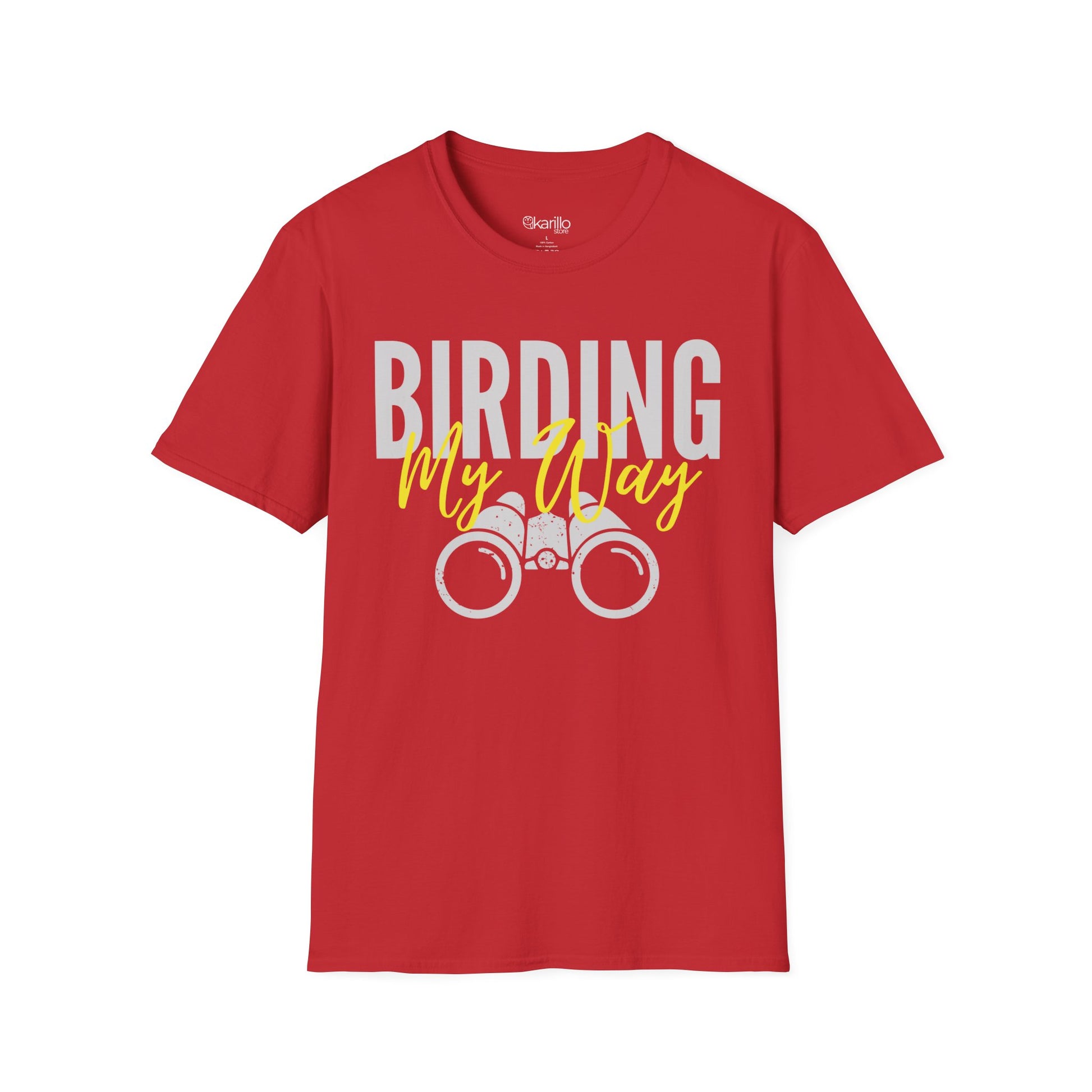 Red unisex t-shirt featuring 'Birding My Way' text with a vintage binoculars graphic — perfect gift for birdwatching enthusiasts