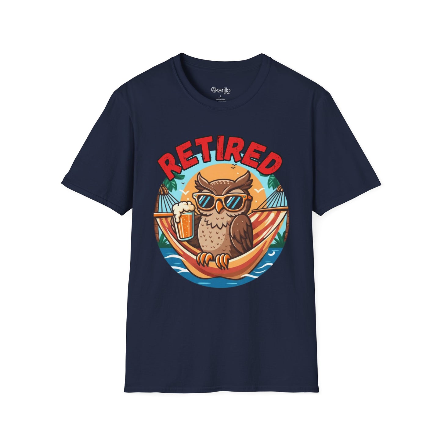 Navy blue t-shirt with a graphic of an owl in sunglasses and a hammock, accompanied by the word 'Retired'.