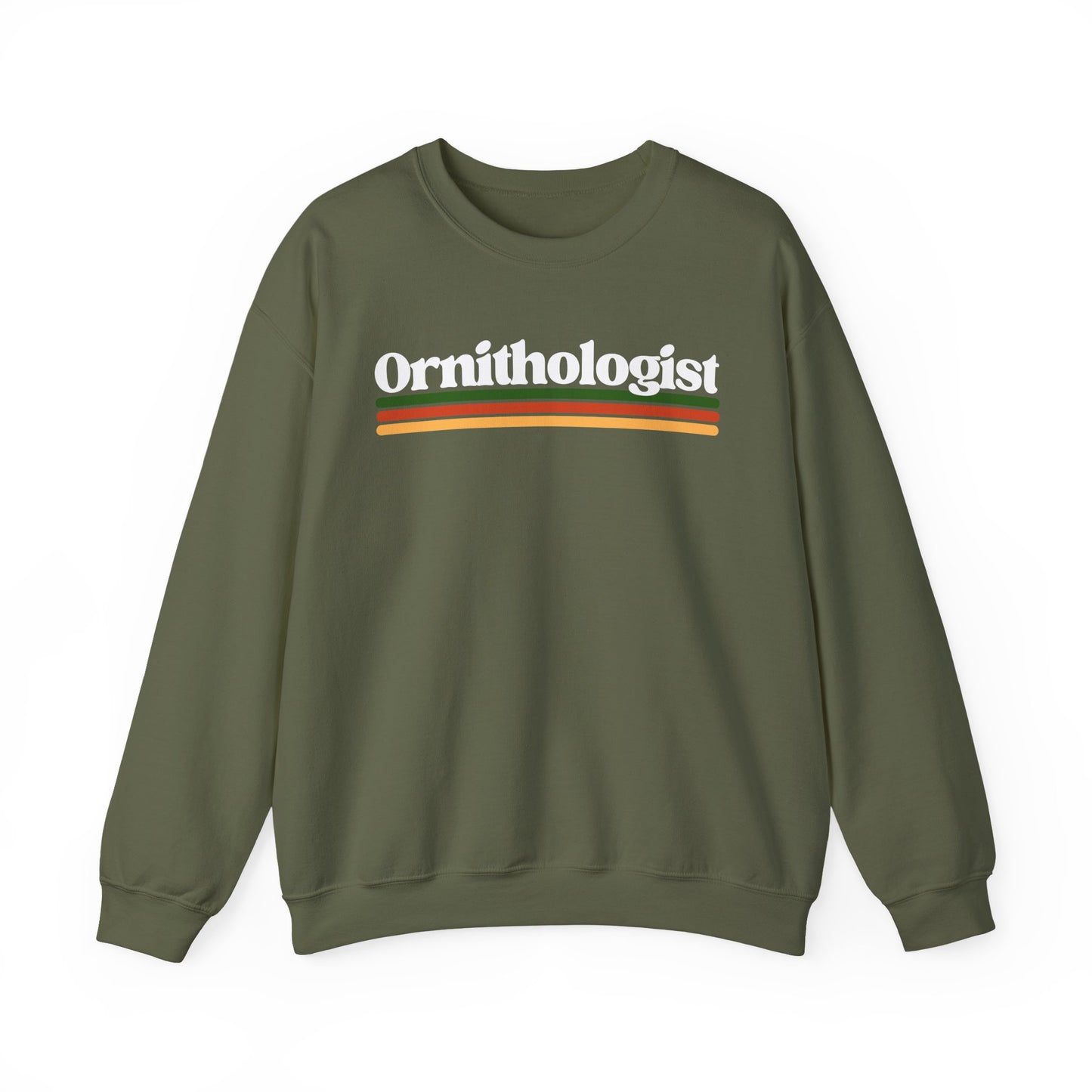 MIlitary Green sweatshirt with 'Ornithologist' text on a white background