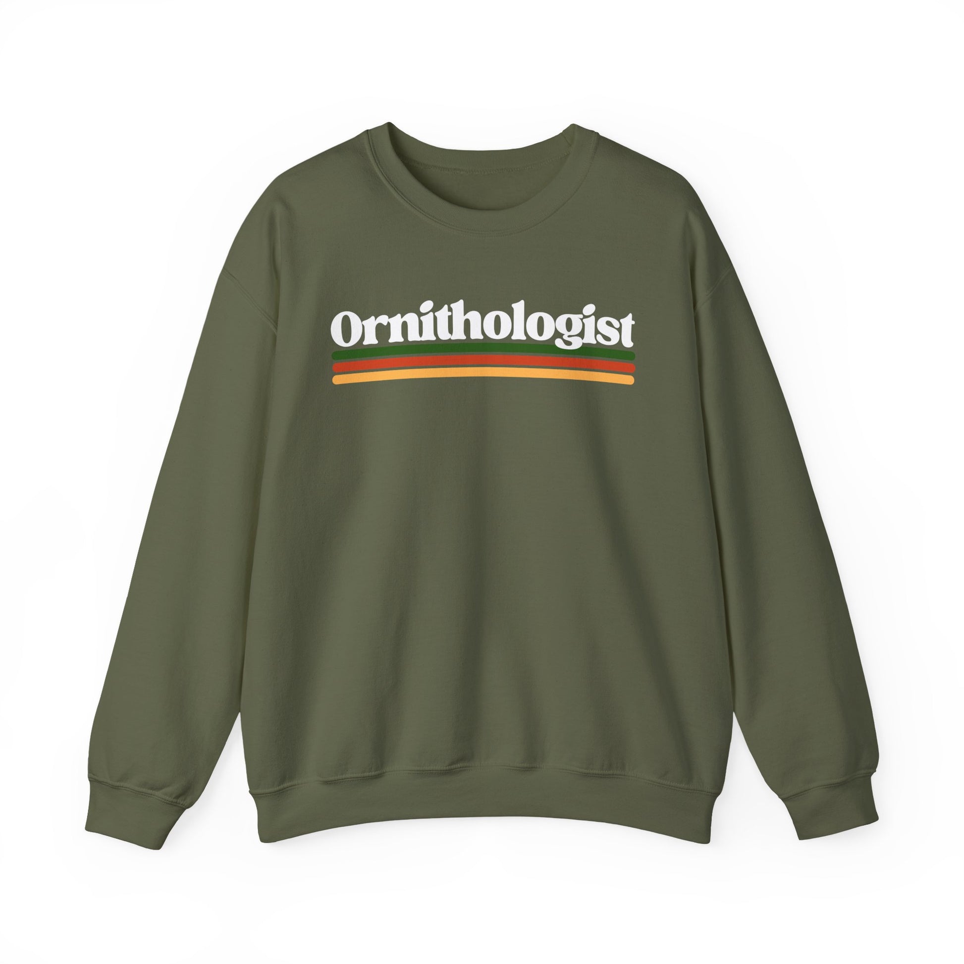 MIlitary Green sweatshirt with 'Ornithologist' text on a white background